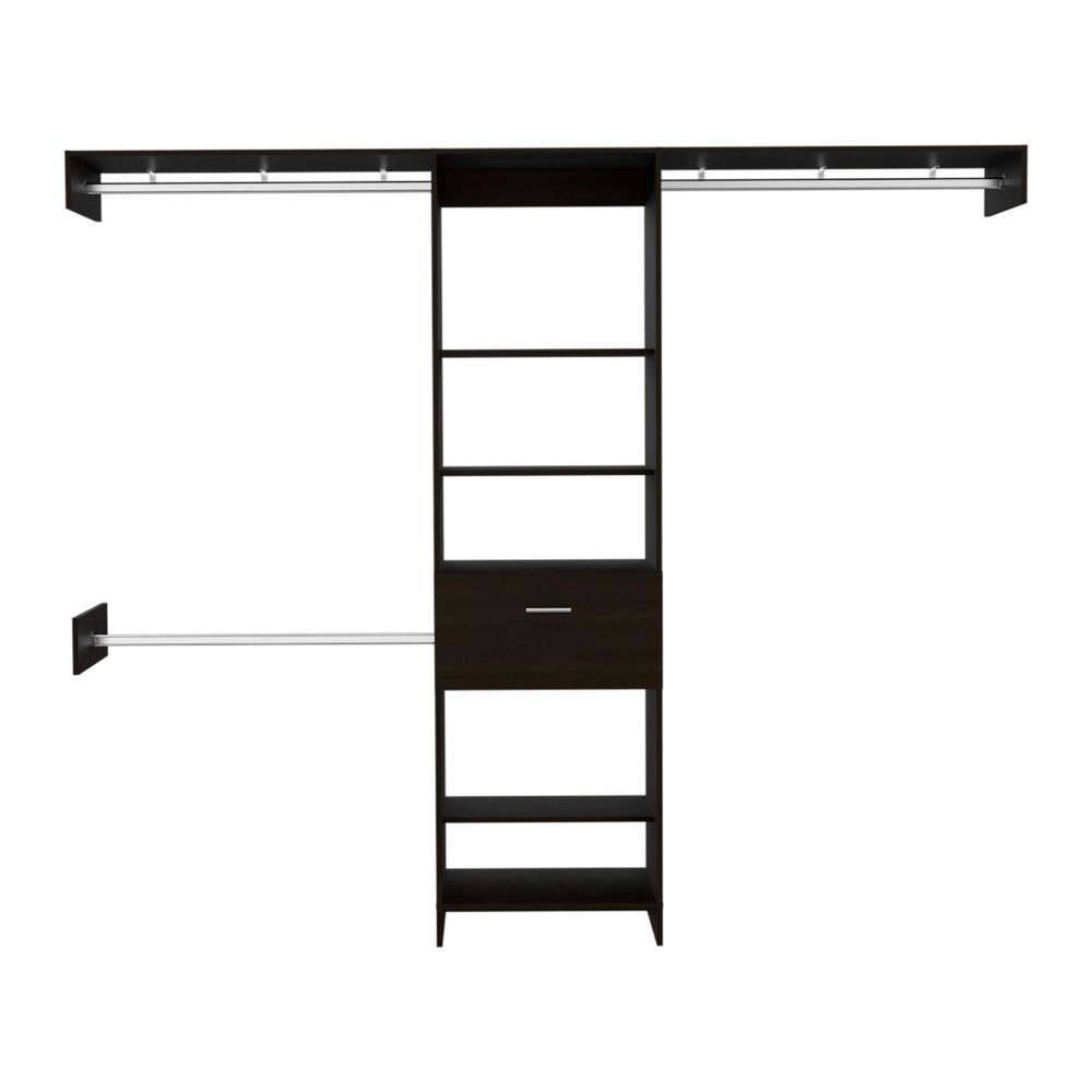 Dark espresso closet system with multiple shelves and one drawer