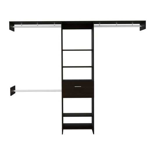 Dark espresso closet system with multiple shelves and one drawer