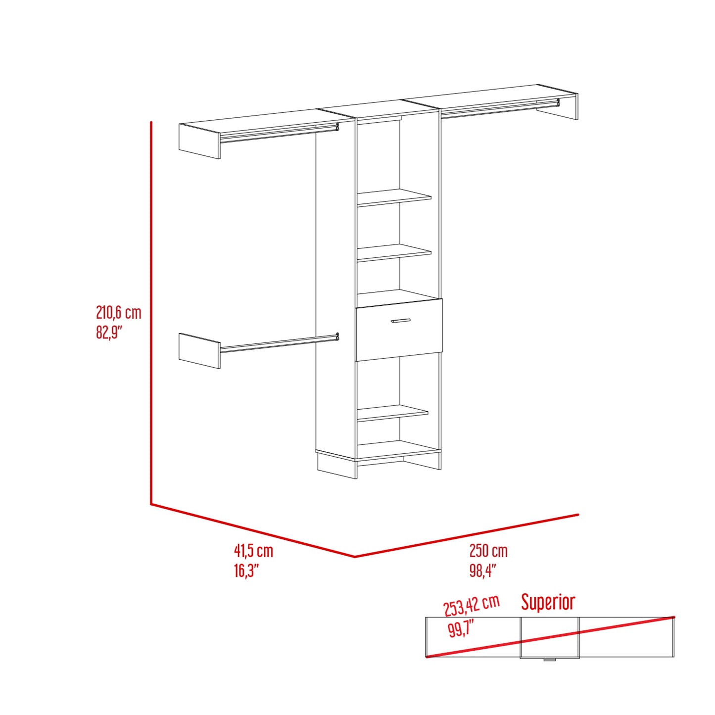 Line drawing of a modern modular wardrobe with shelves and a drawer