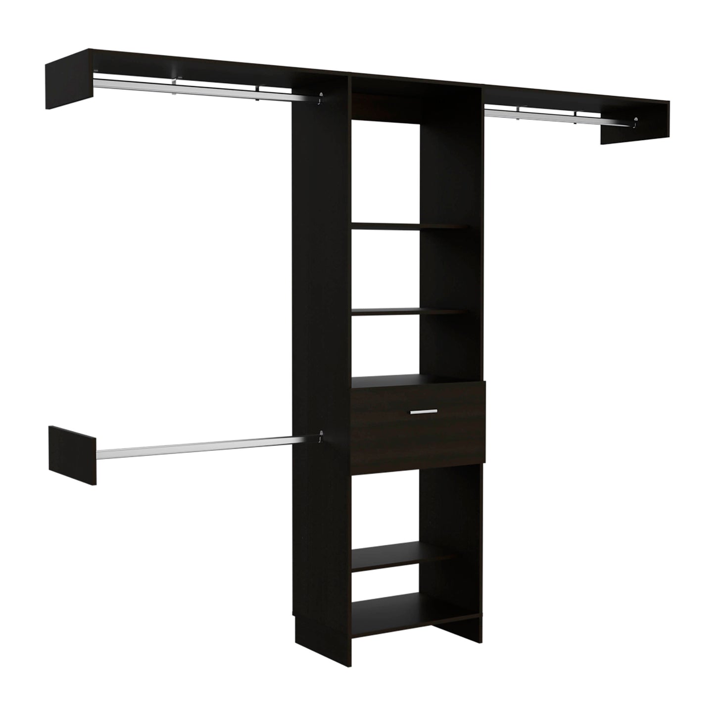 Dark espresso closet organizer with multiple shelves and two hanging rods