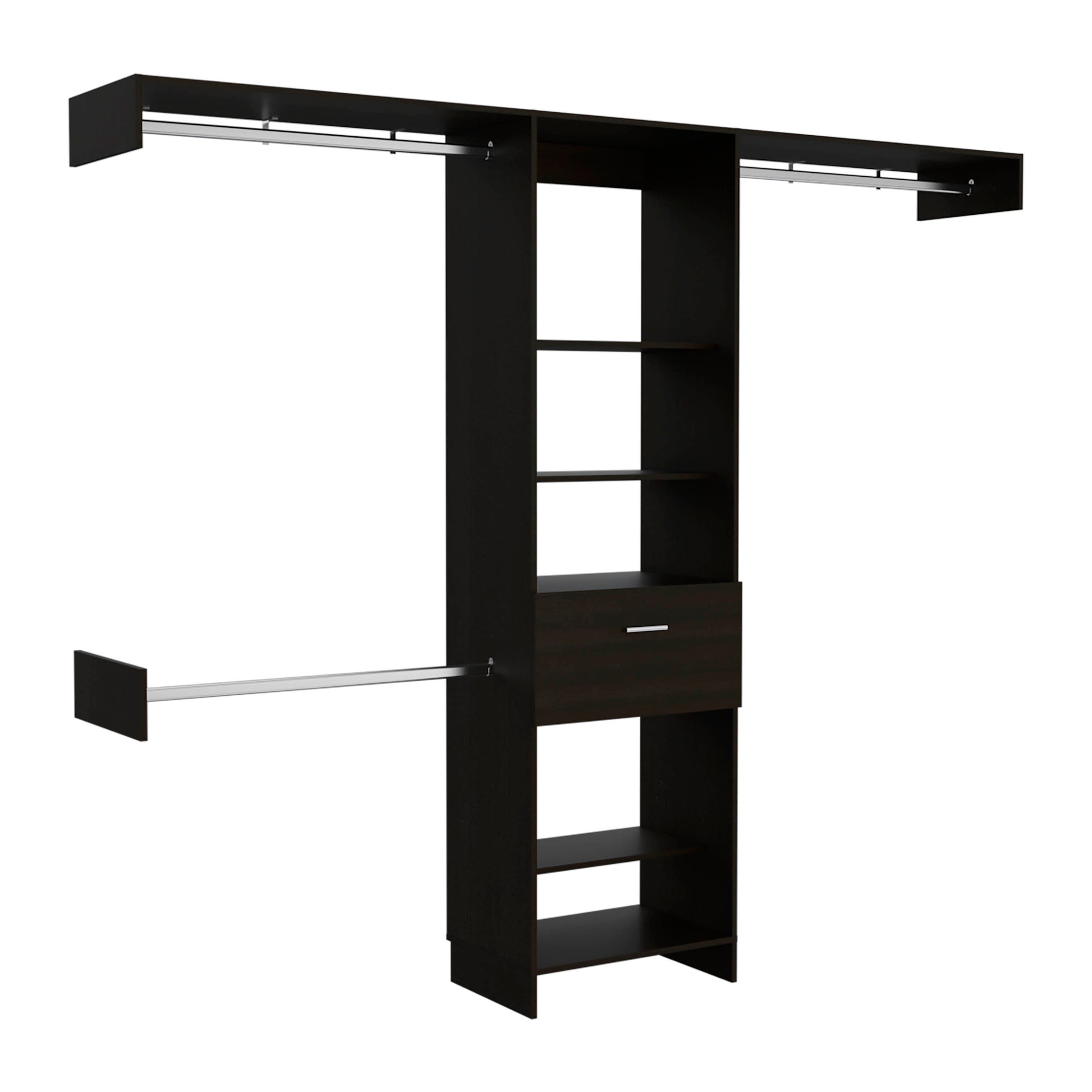 Dark espresso closet organizer with multiple shelves and two hanging rods