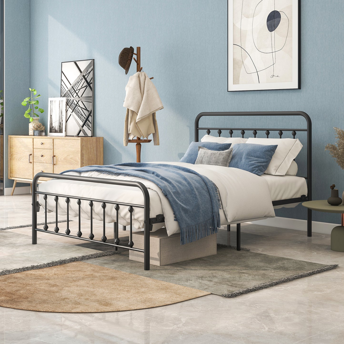 Black metal full bed frame with rounded headboard and footboard featuring clean lines and ornate finials