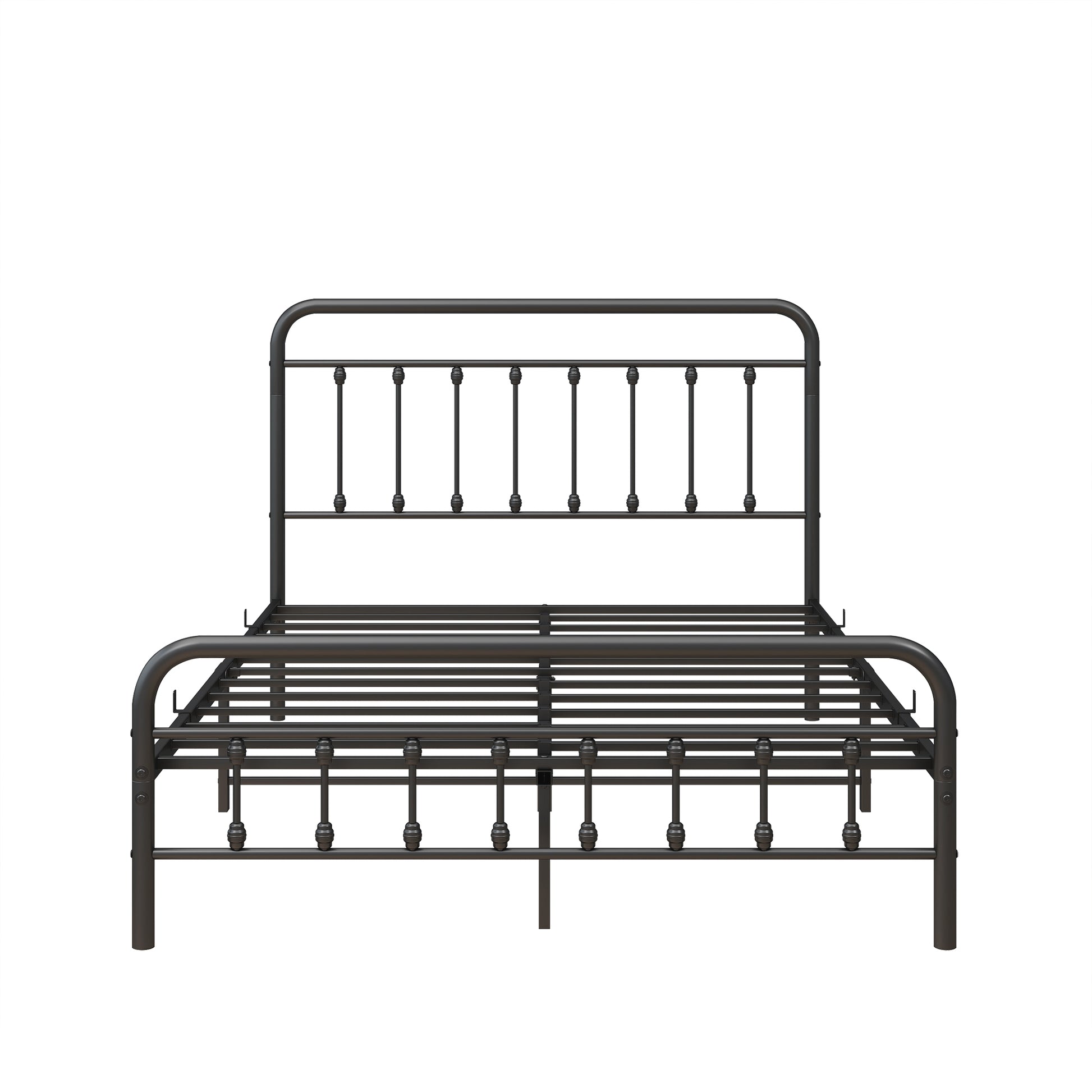 Modern dark metal king bed frame with ornamental finials on headboard