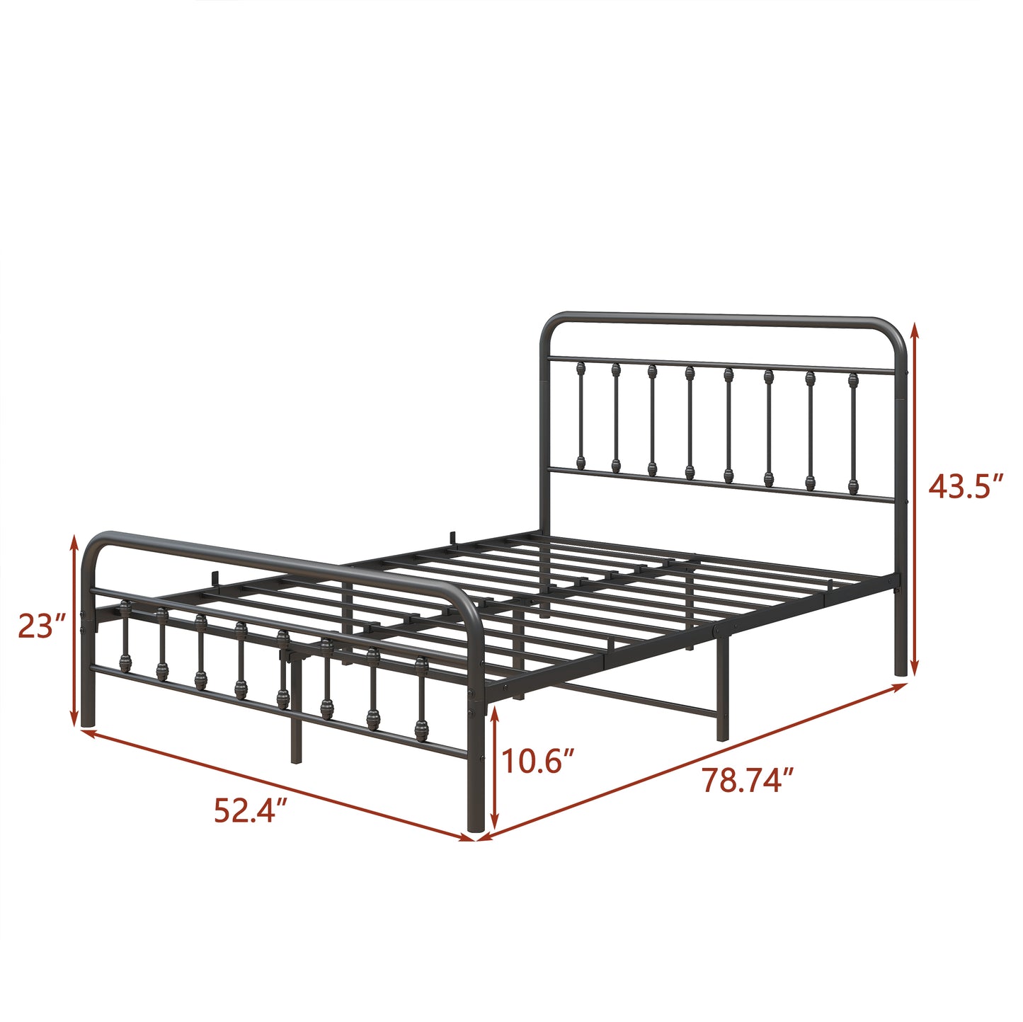 Dark bronze metal bed frame with decorative finials on headboard and footboard
