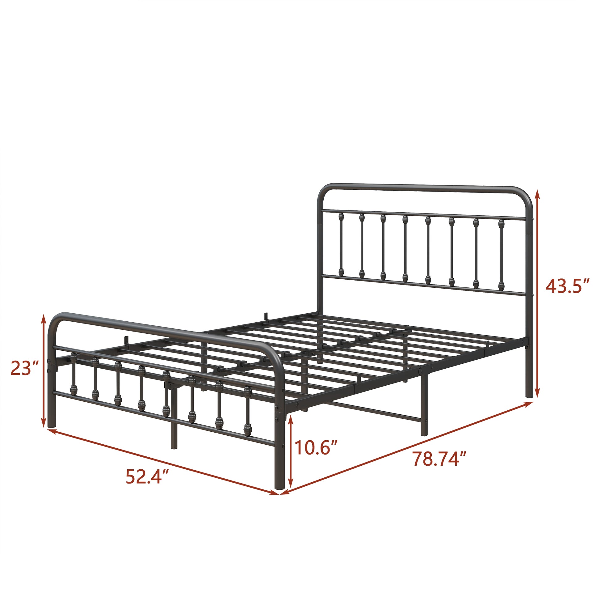 Dark bronze metal bed frame with decorative finials on headboard and footboard