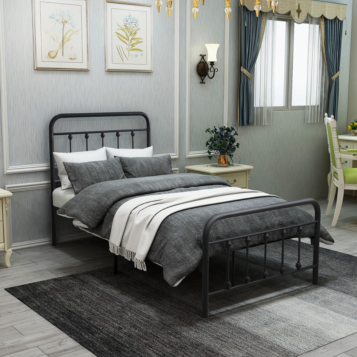 Black metal twin bed frame with upholstered bedding