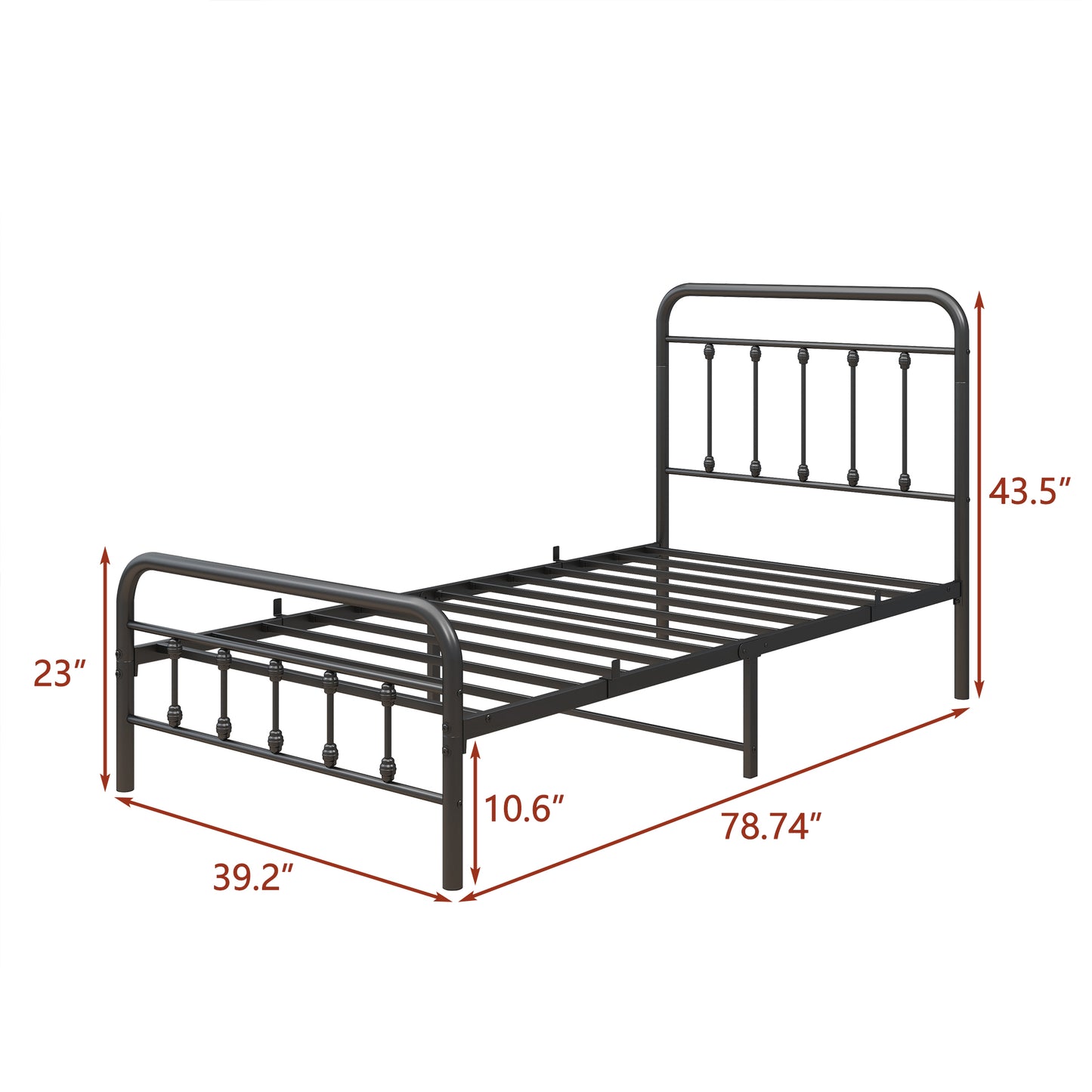 Dark gray metal twin bed frame with ornate headboard and footboard