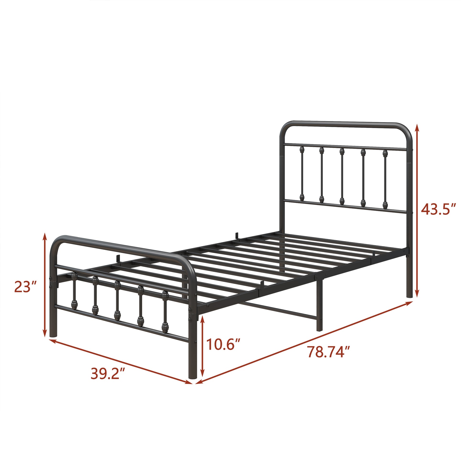 Dark gray metal twin bed frame with ornate headboard and footboard