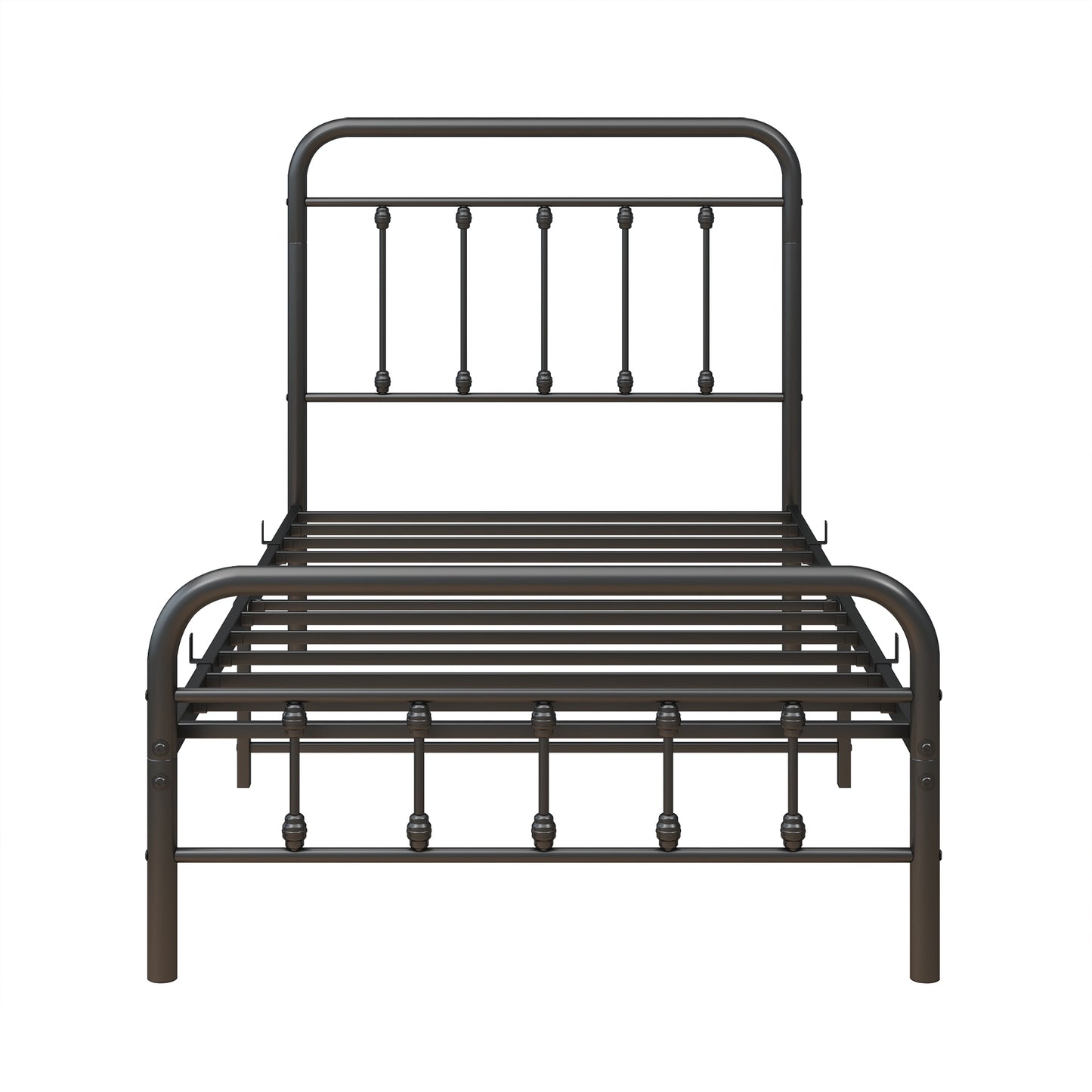 Dark bronze metal bed frame with rounded headboard and footboard