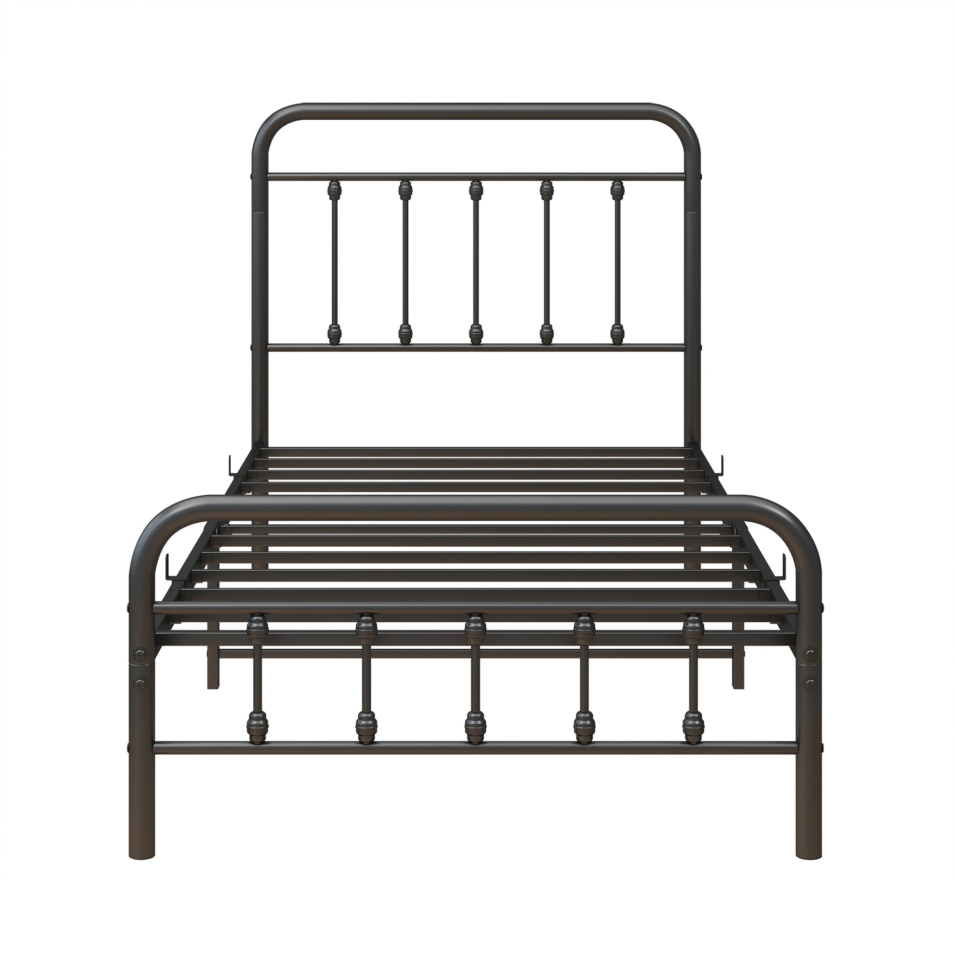 Dark bronze metal bed frame with rounded headboard and footboard