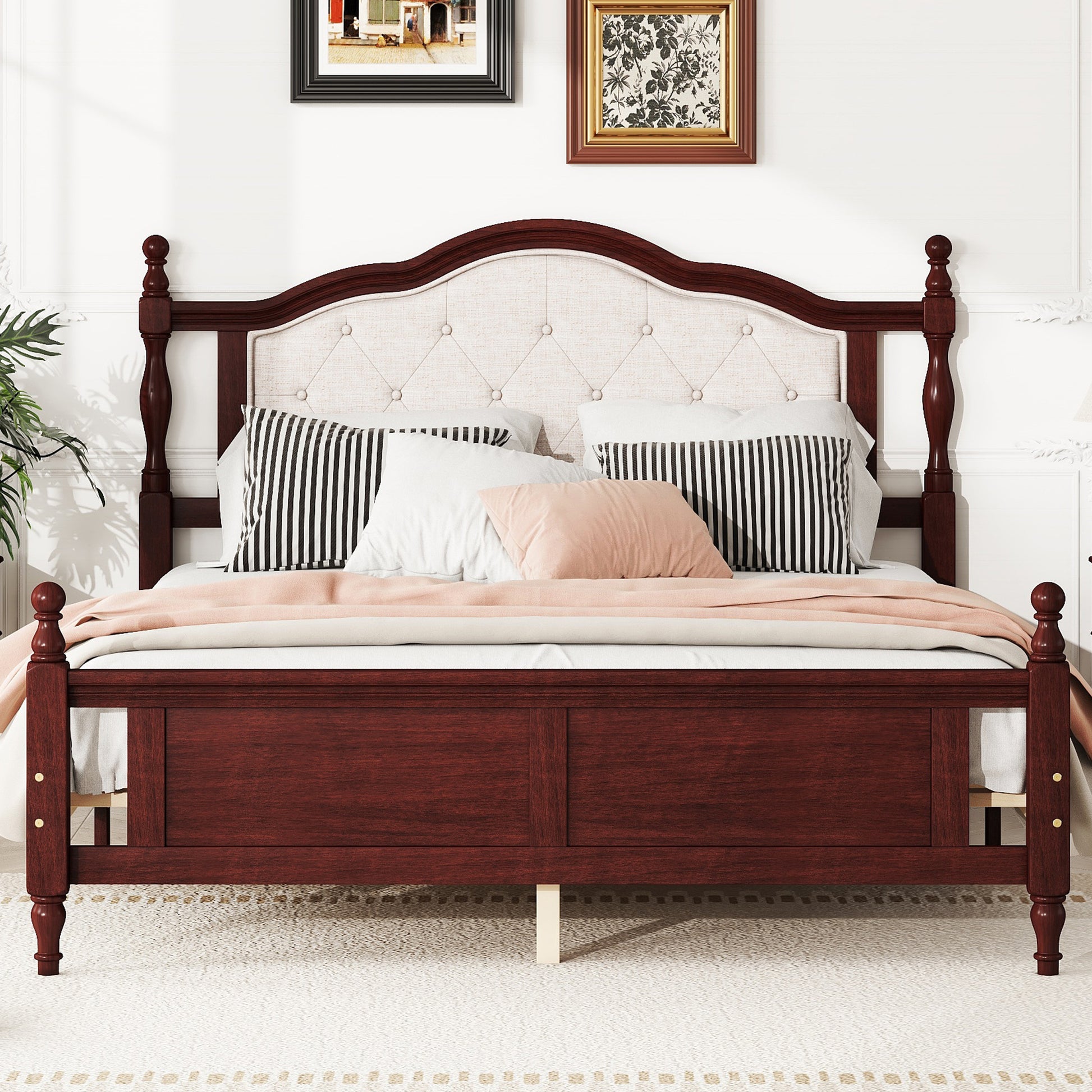 Mahogany wood bed frame with tufted upholstered headboard