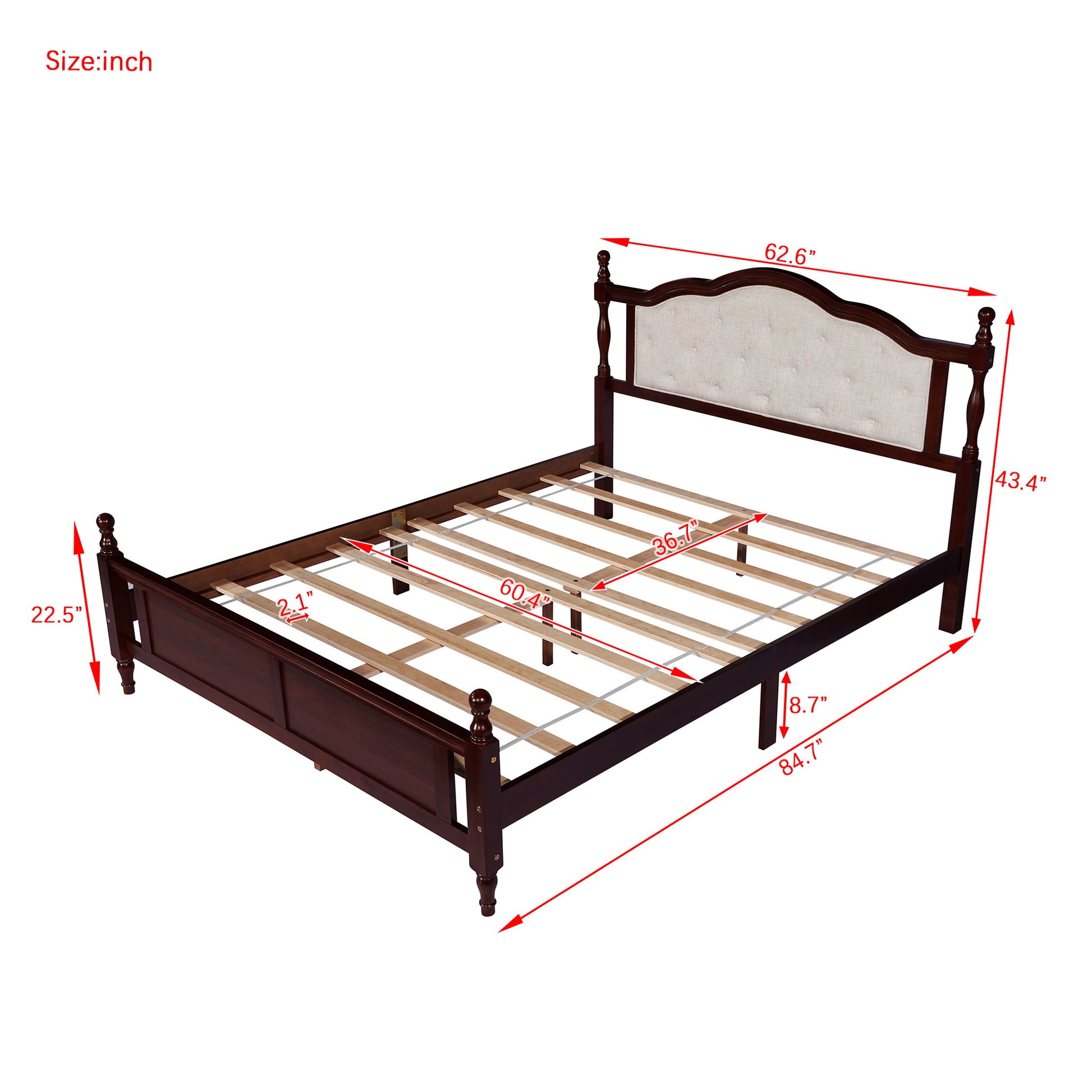 Dark cherry wood platform bed with tufted upholstered headboard