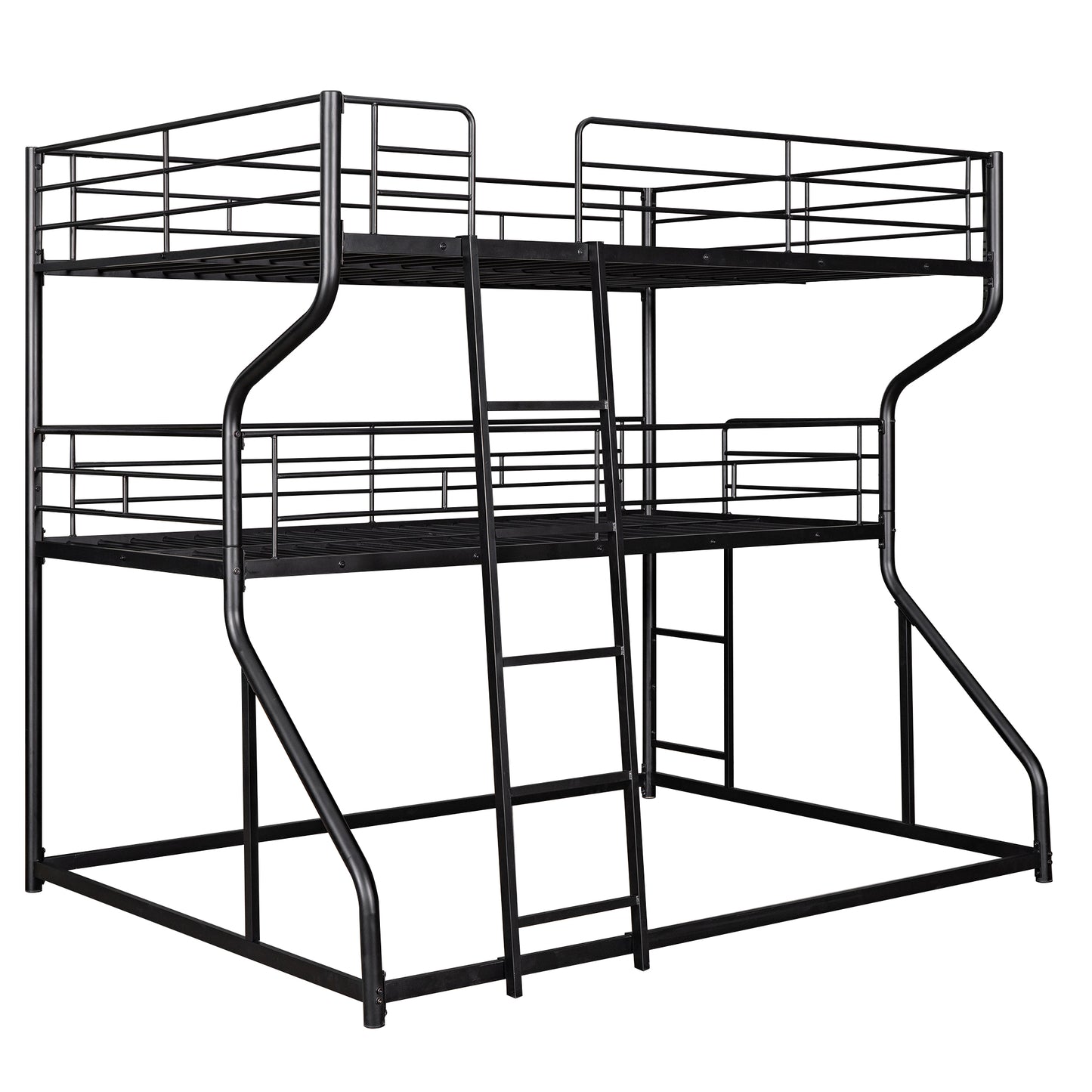 Black metal triple bunk bed with ladder and safety rails