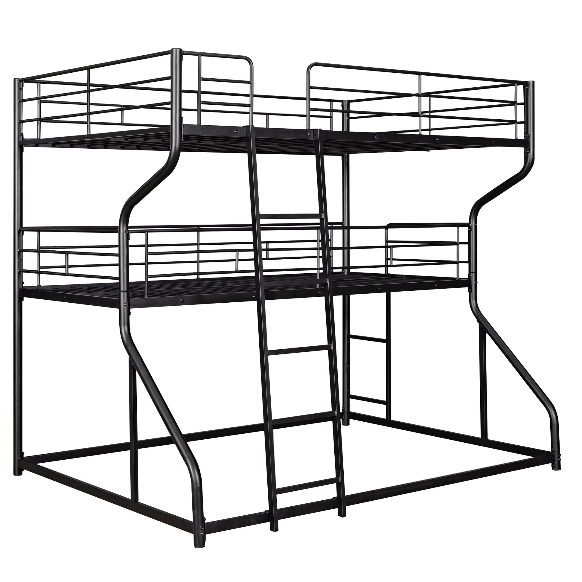 Black metal triple bunk bed with ladder and safety rails