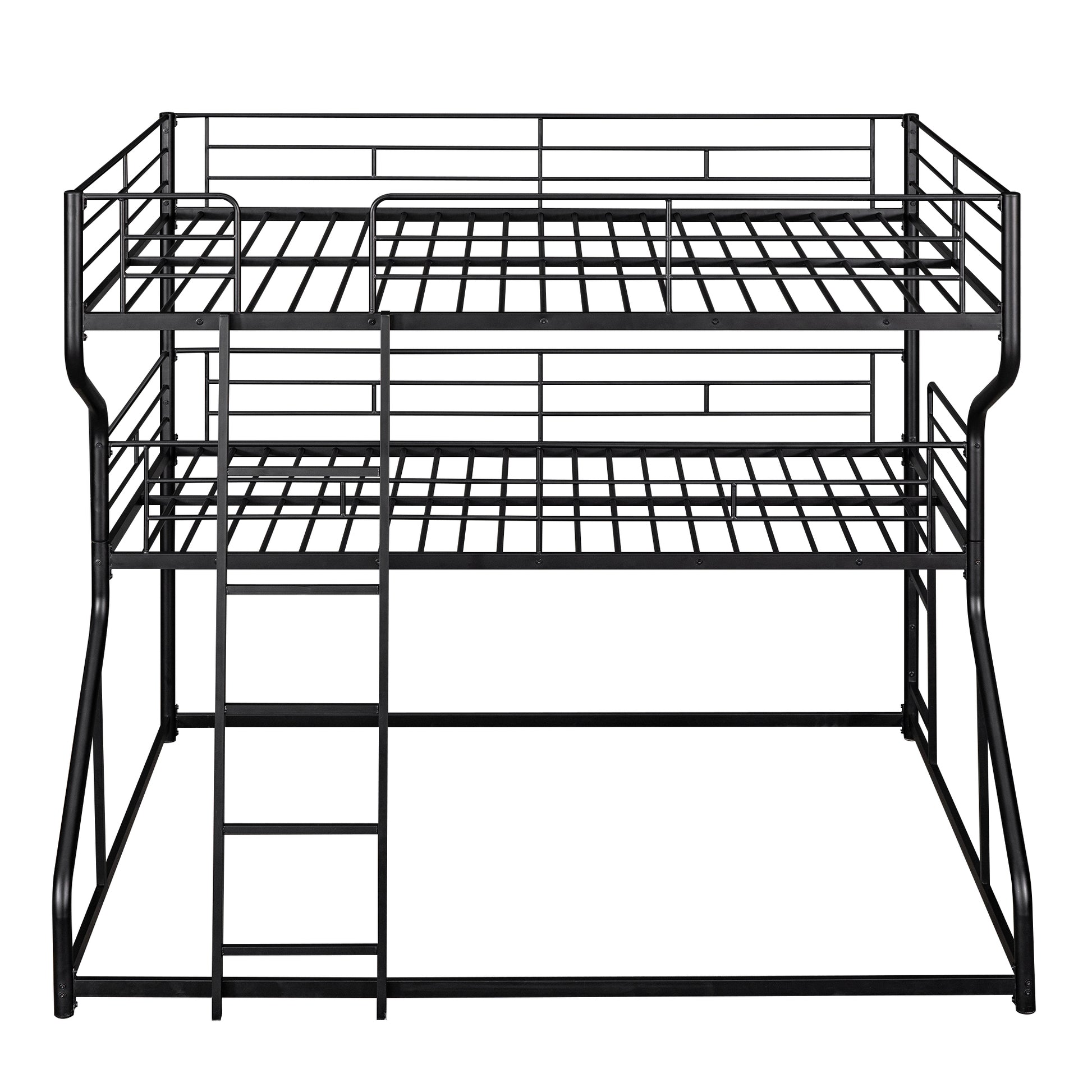 Black metal triple bunk bed with integrated ladder and guardrails