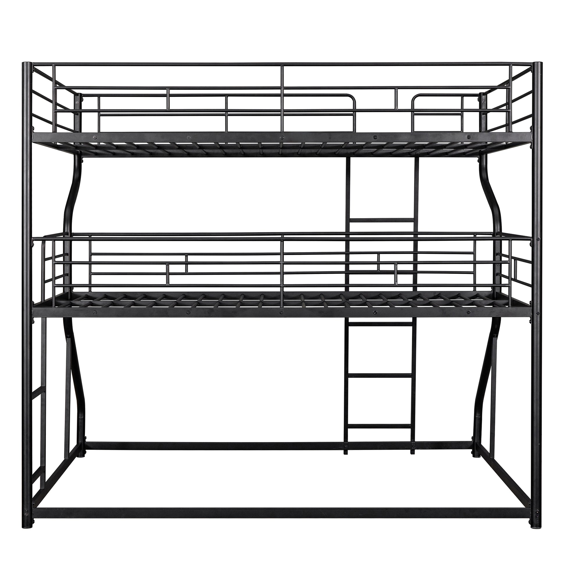 Black metal triple bunk bed with ladders on both sides