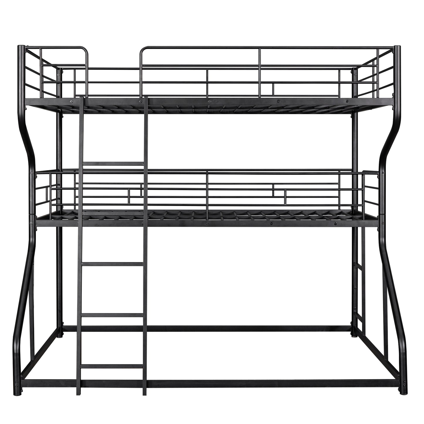 Black metal twin over twin bunk bed with integrated ladder and guardrails for safety