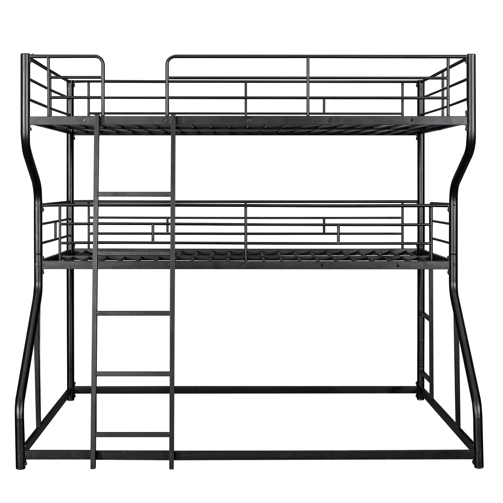 Black metal twin over twin bunk bed with integrated ladder and guardrails for safety