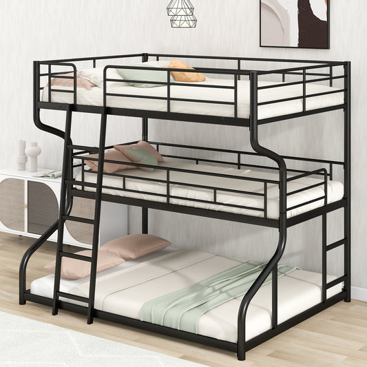 Black metal triple bunk bed with white mattresses and pillows