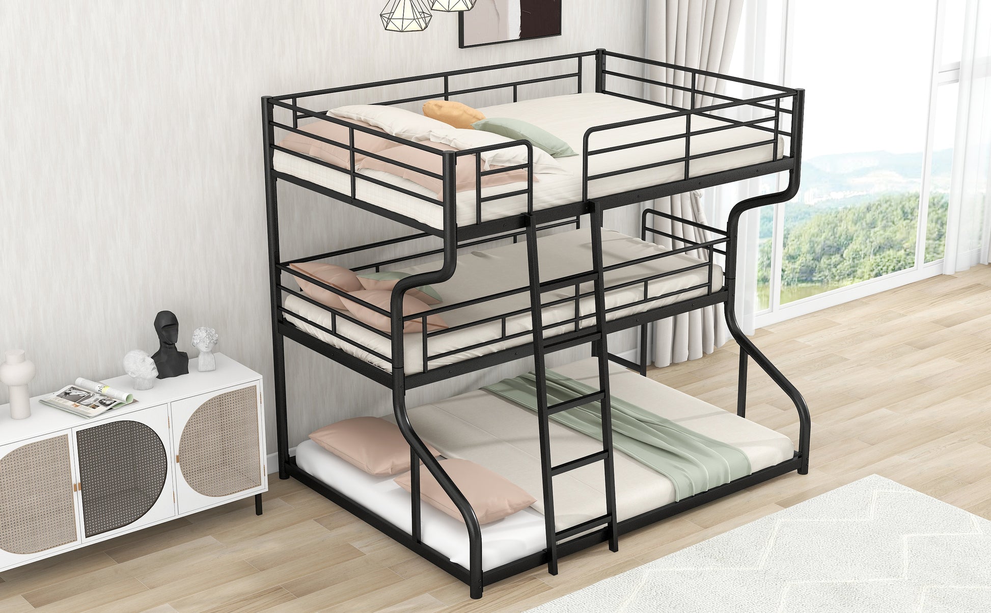 Black metal triple bunk bed with white mattresses and pastel pillows
