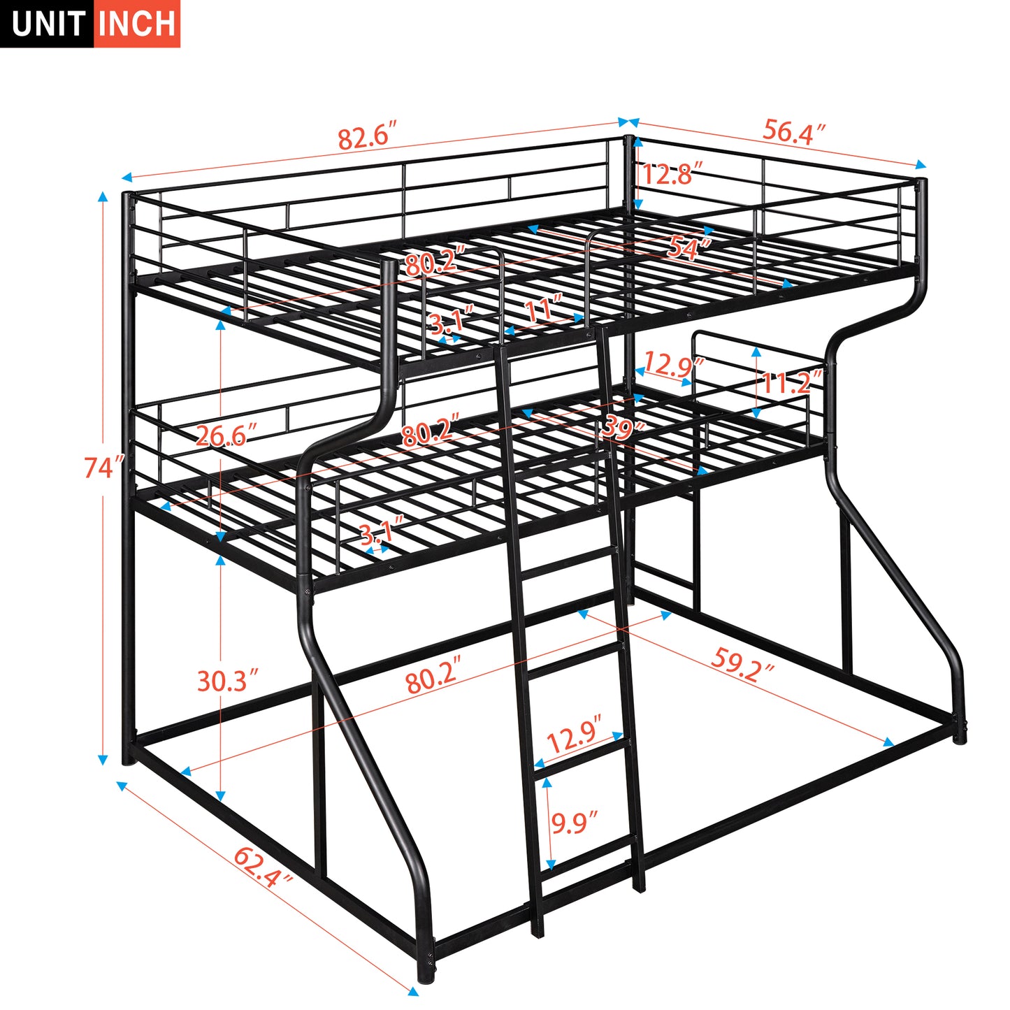 Black metal triple bunk bed with dimensions