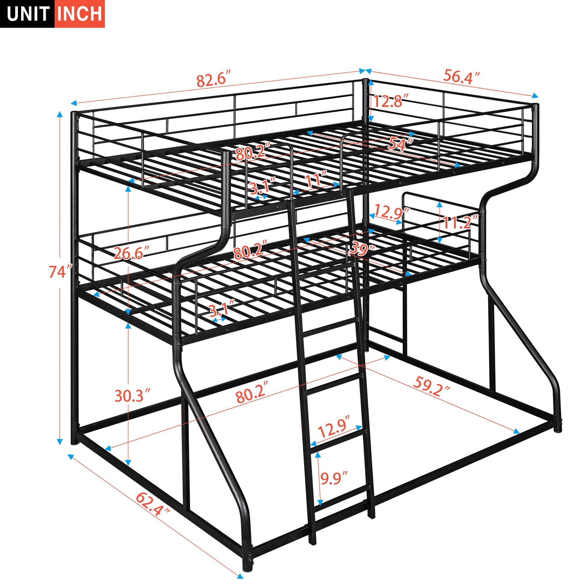 Black metal triple bunk bed with dimensions