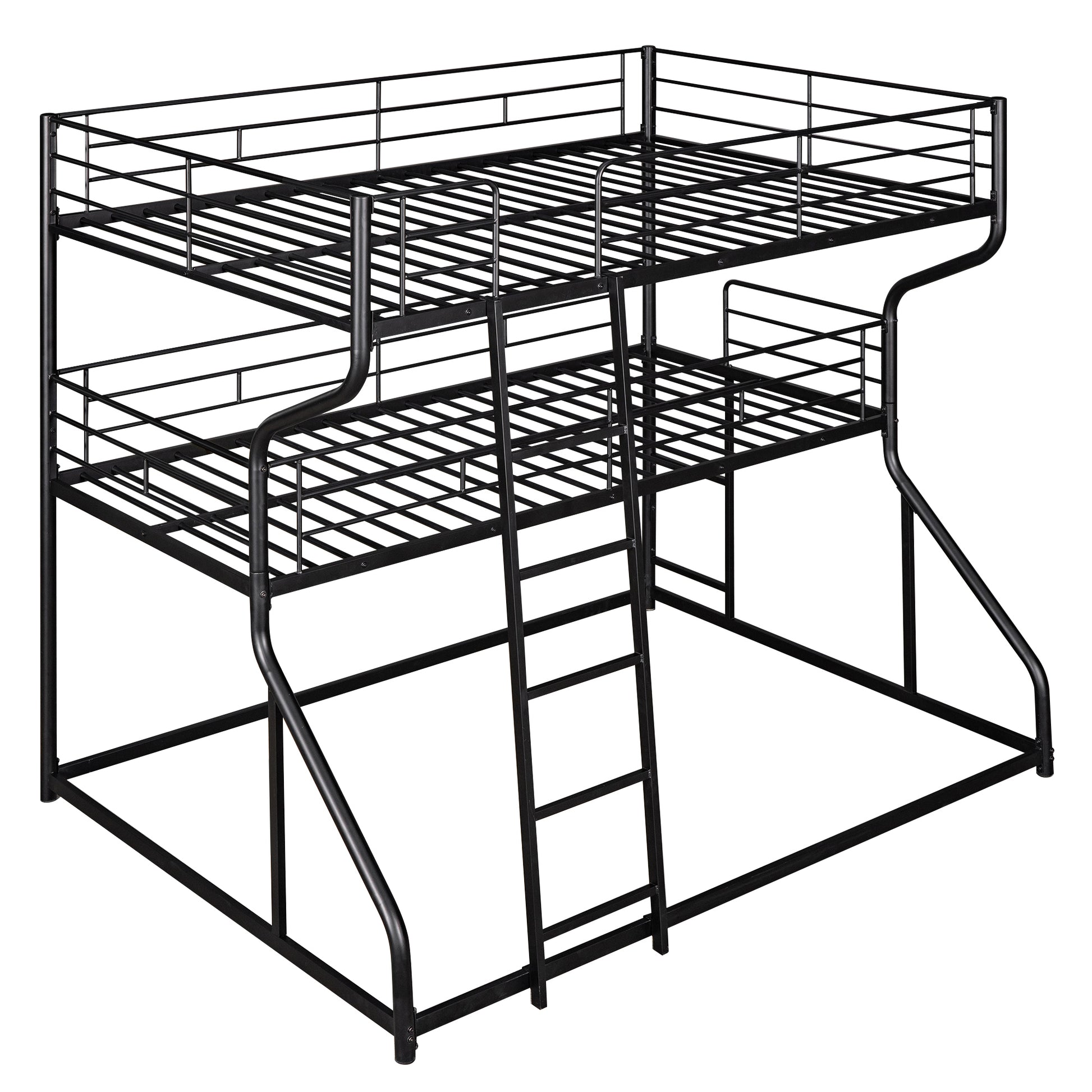 Black metal twin over twin bunk bed with integrated ladder and safety rails