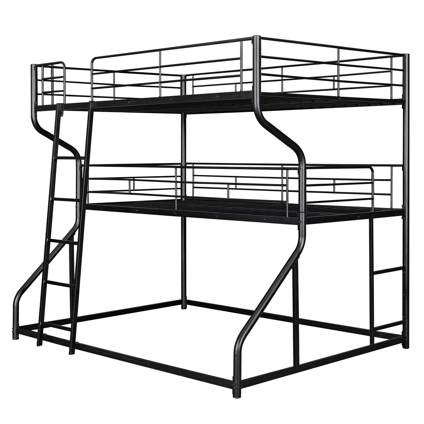 Black metal twin over twin bunk bed with ladder and guardrails