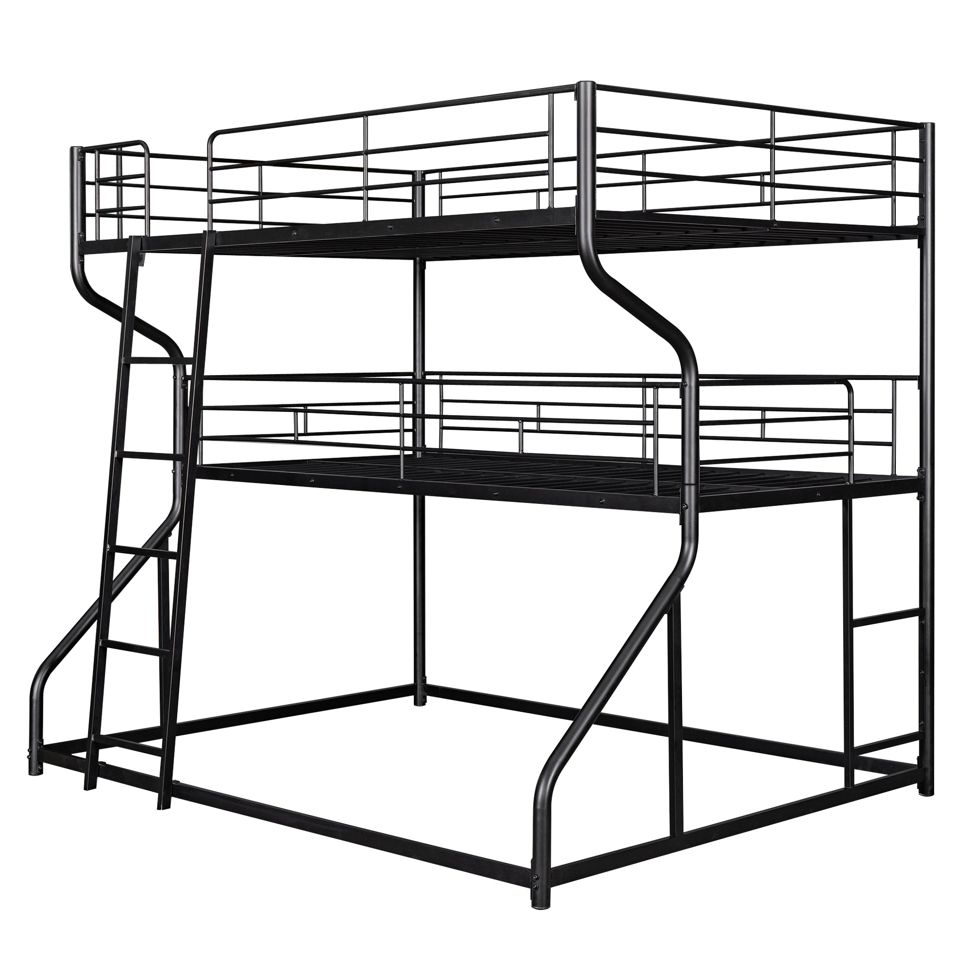 Black metal twin over twin bunk bed with ladder and guardrails