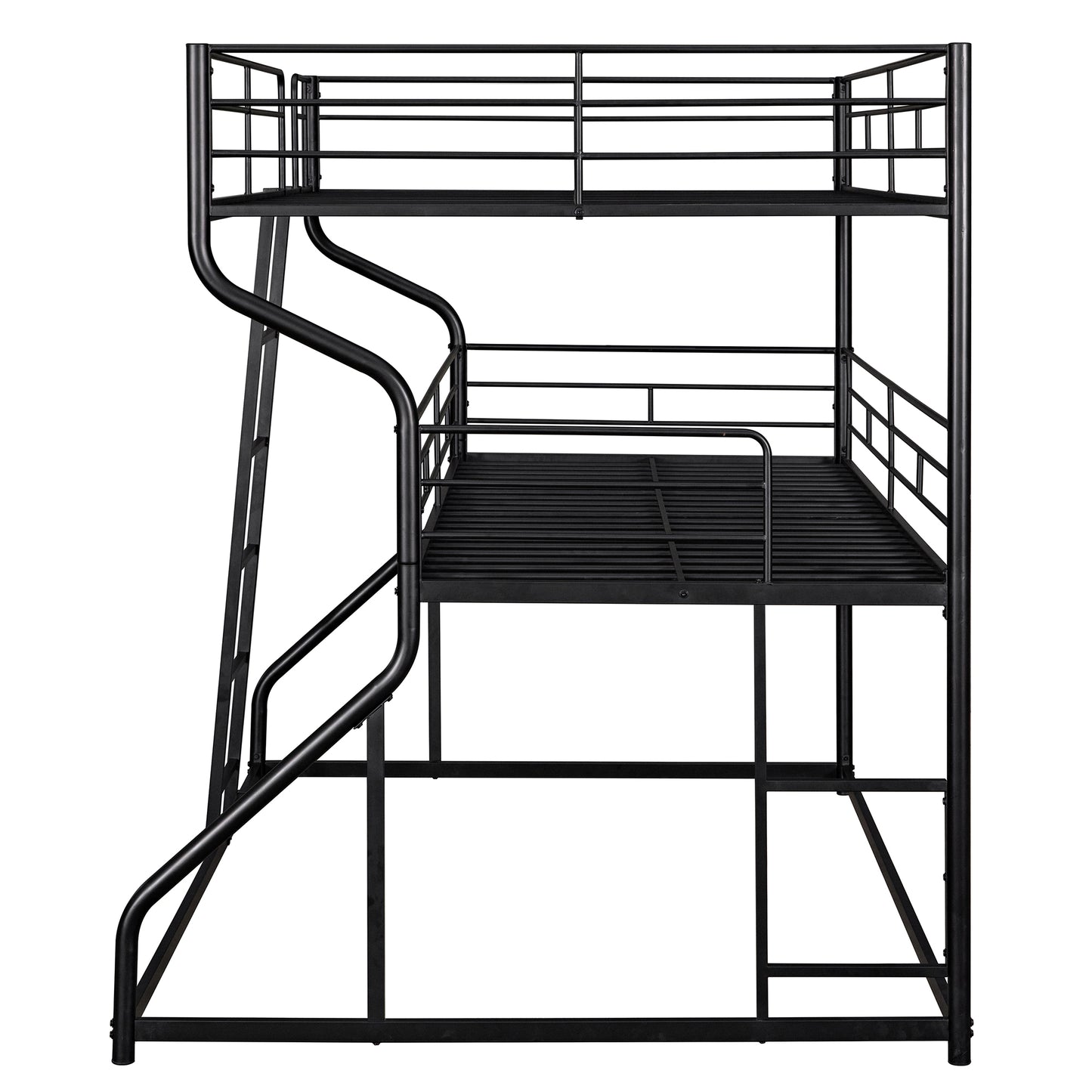 Black metal triple bunk bed with ladder