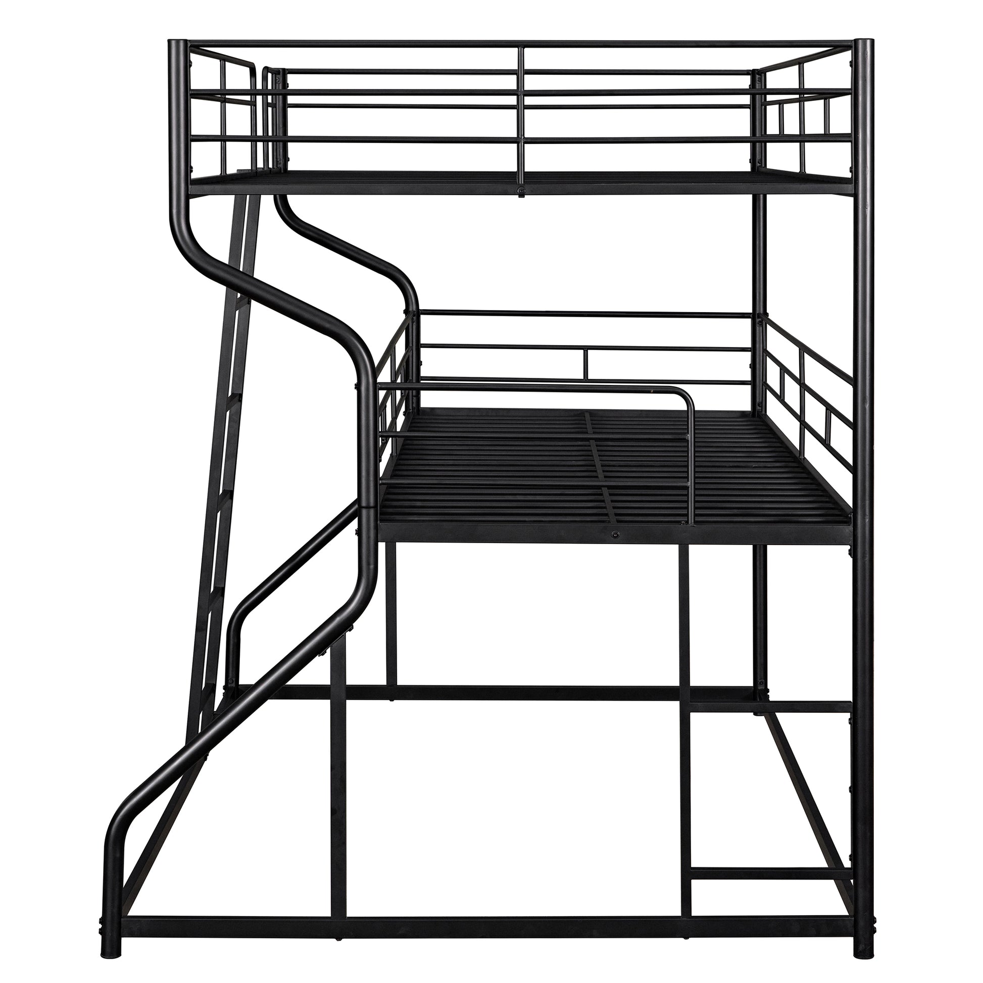 Black metal triple bunk bed with ladder