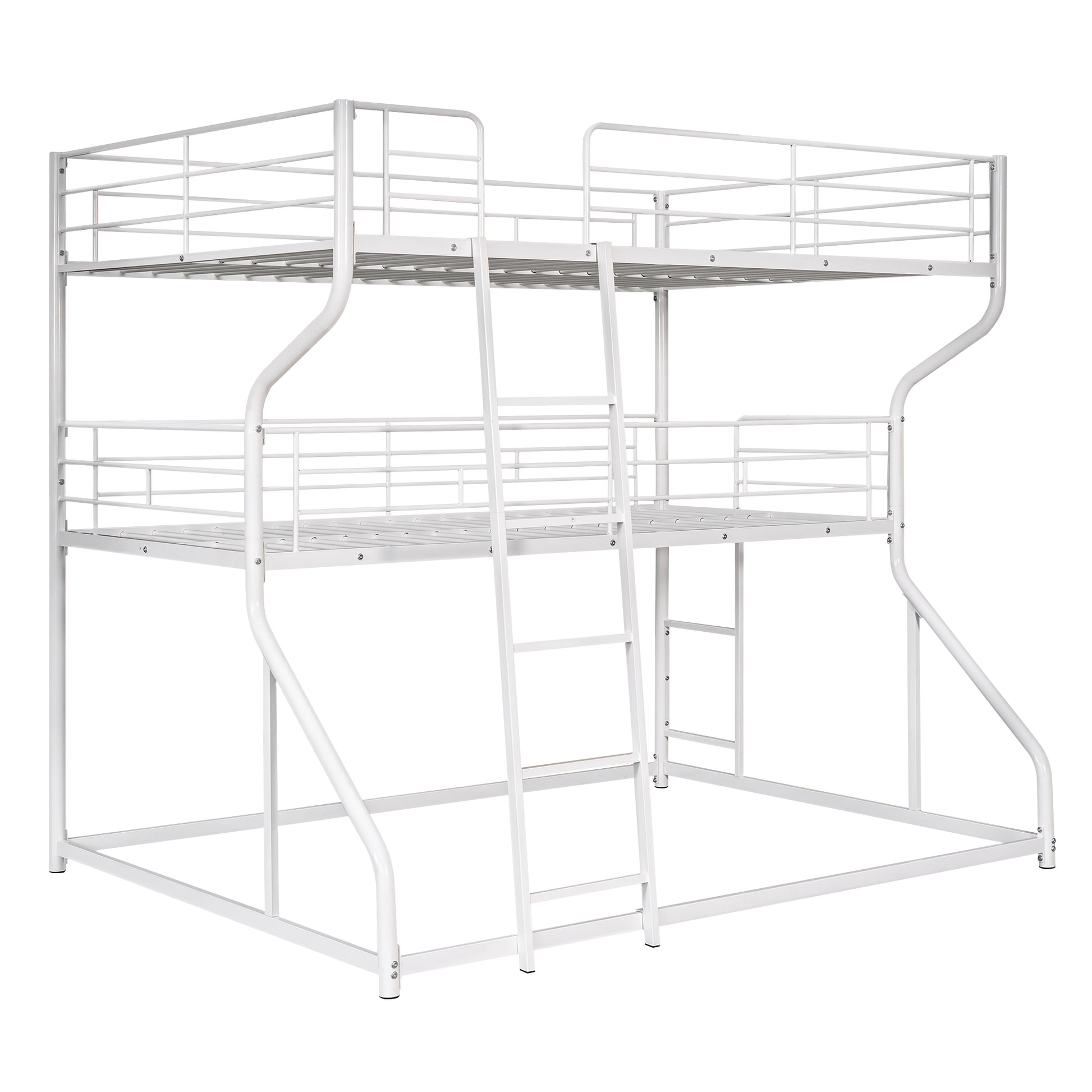White metal triple bunk bed with integrated ladder and guardrails for child safety