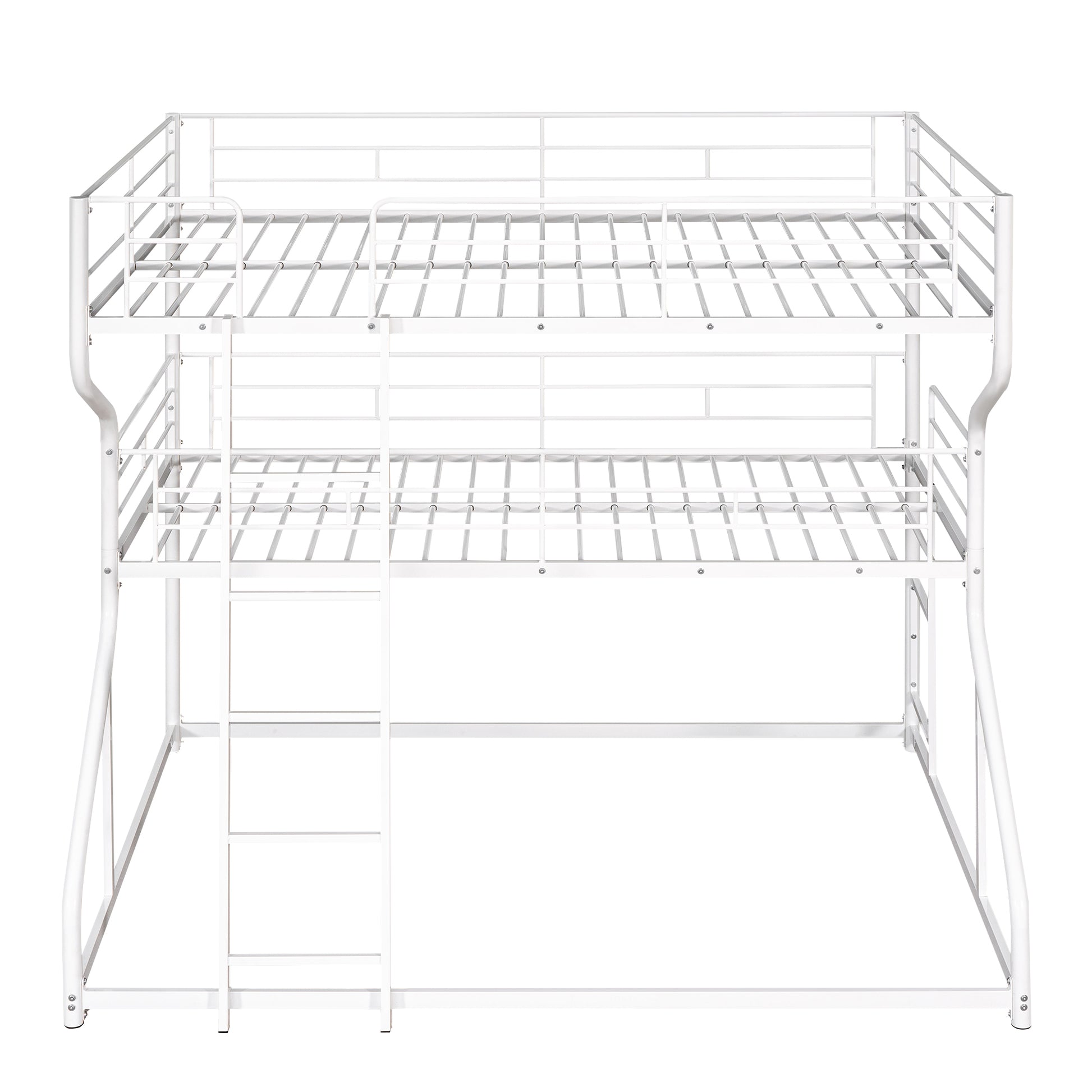 White metal twin over twin bunk bed with ladder