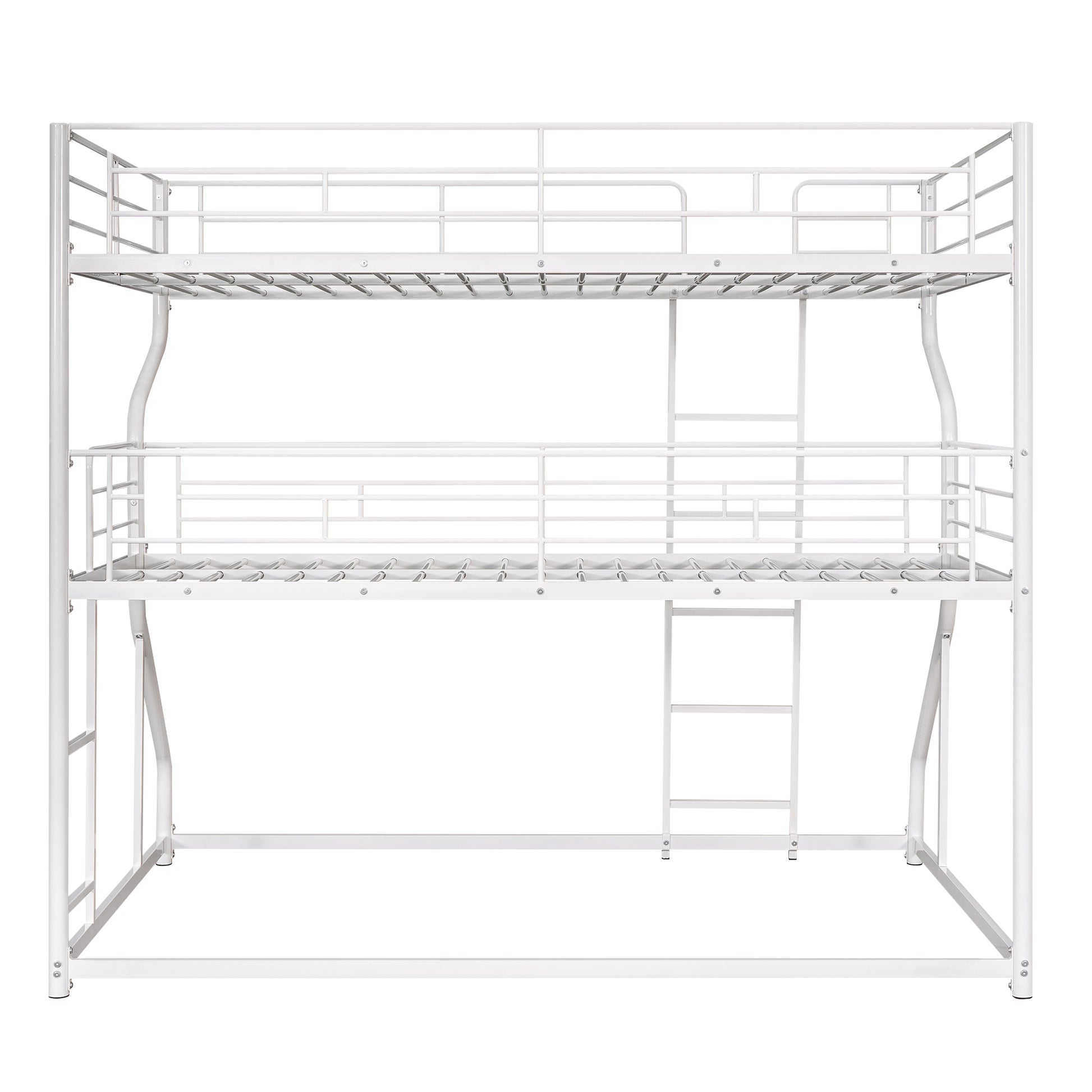 White metal triple bunk bed with ladders