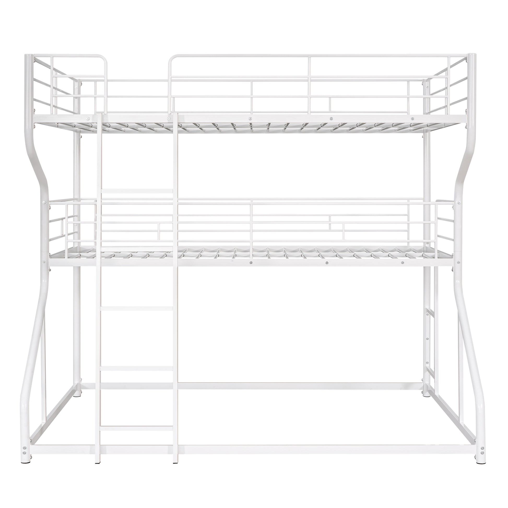 White metal triple bunk bed with ladder
