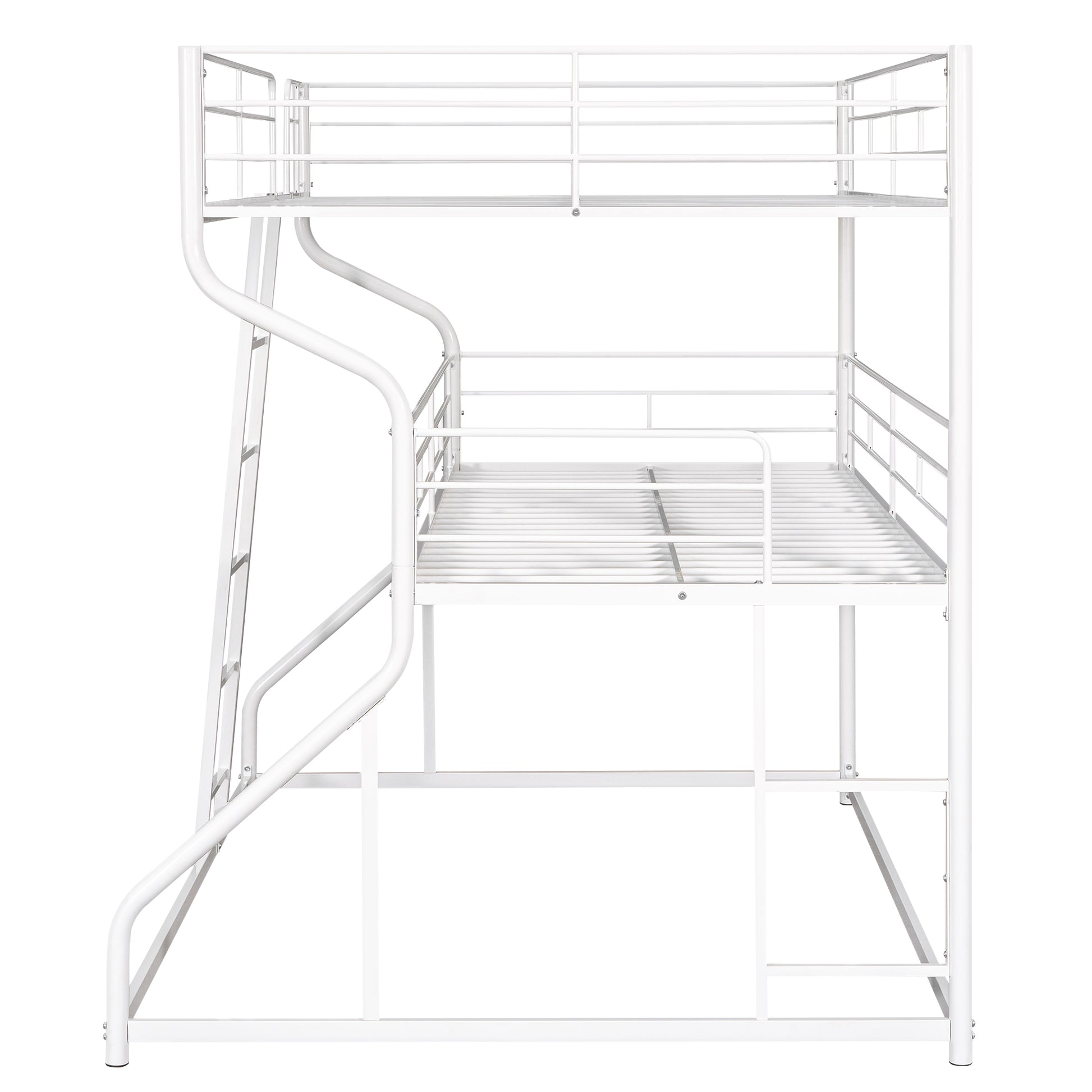 White metal triple bunk bed with integrated ladder and guardrails
