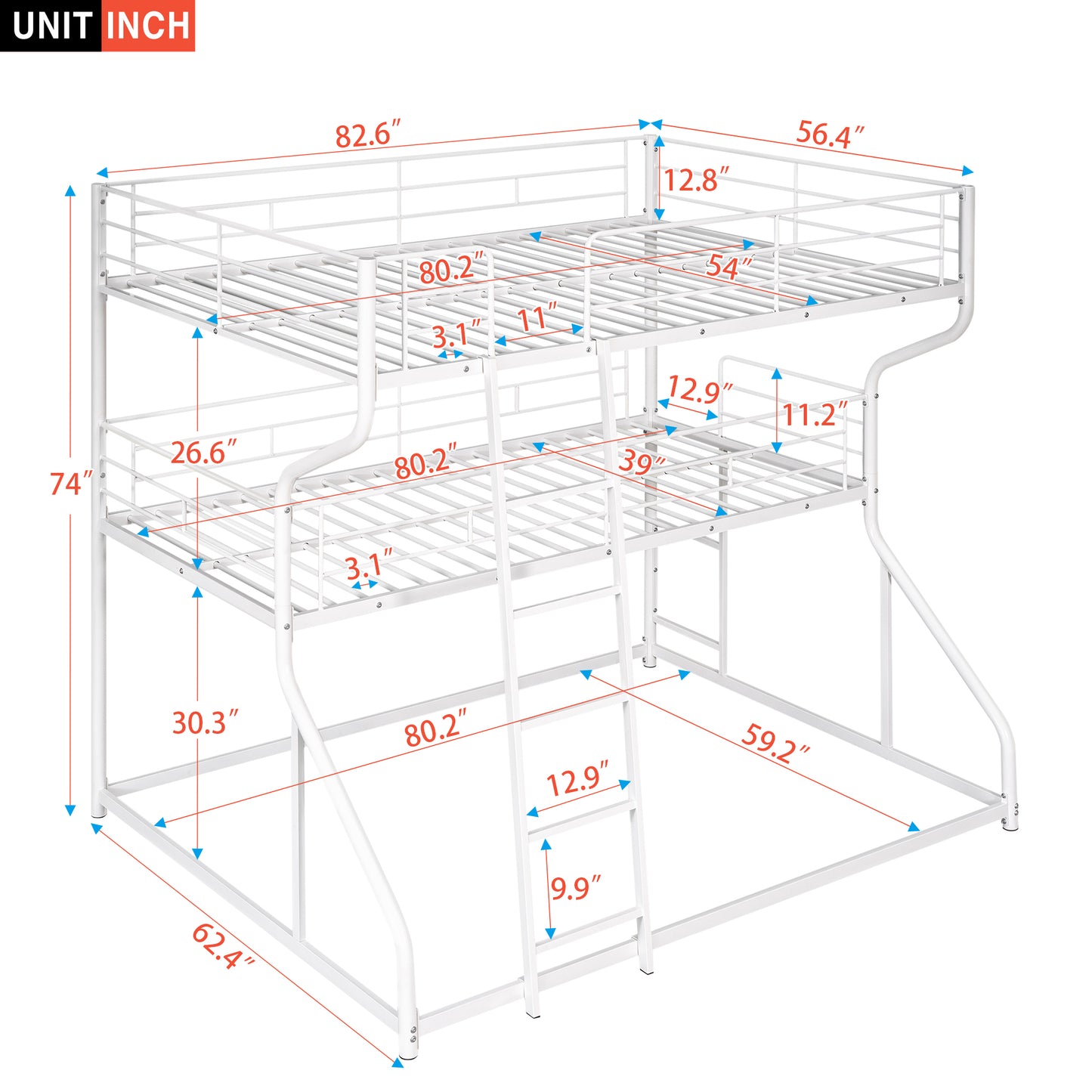 White metal triple bunk bed with dimensions indicated for spacesaving sleeping arrangements