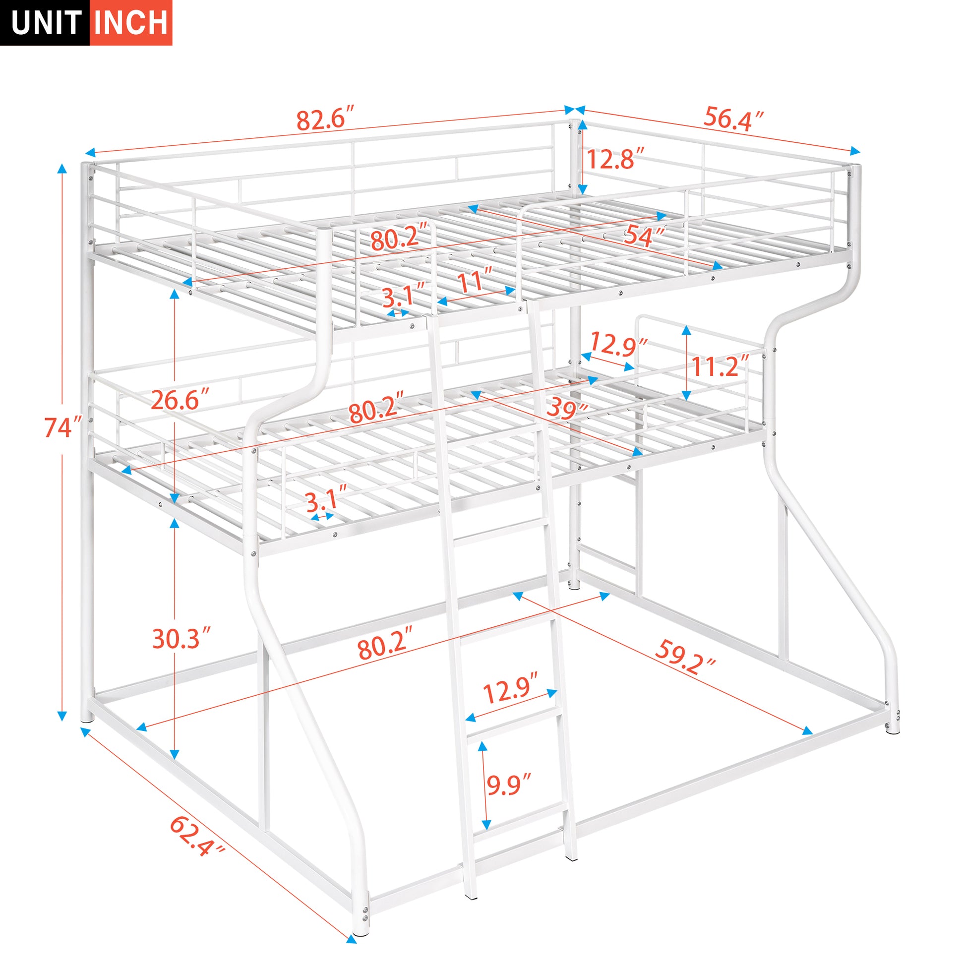 White metal triple bunk bed with dimensions indicated for spacesaving sleeping arrangements
