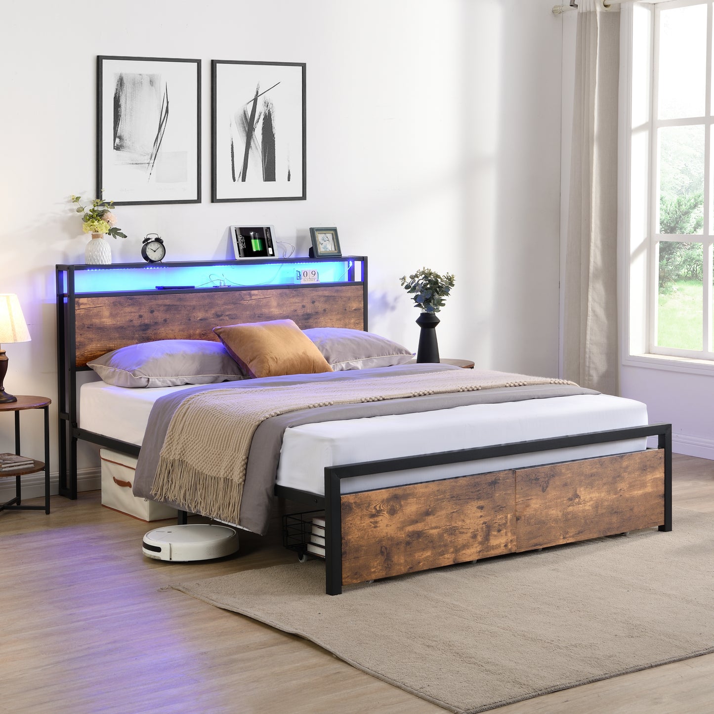 Rustic wood and metal platform bed with builtin LED headboard lighting