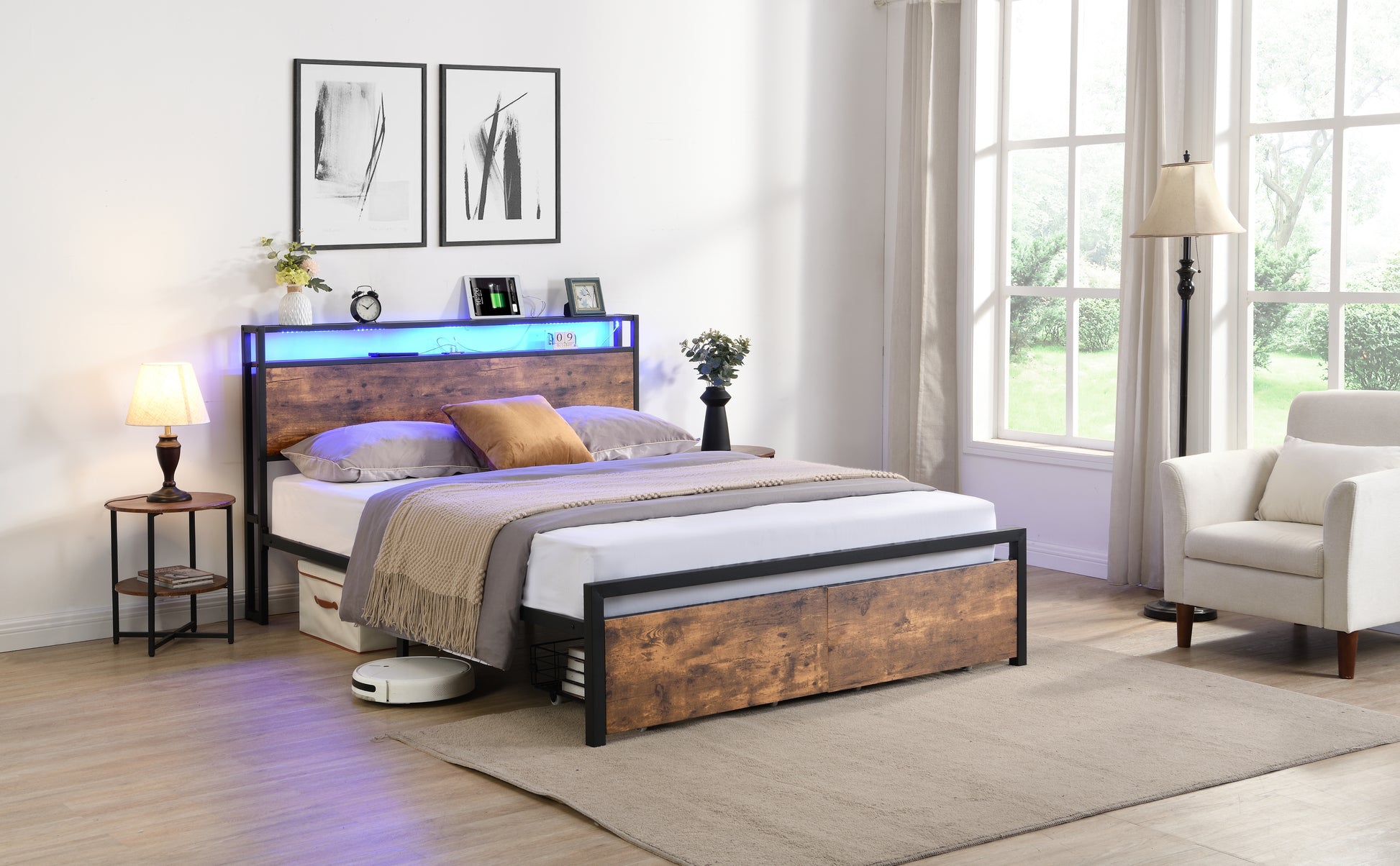 Rustic wood metal bed frame with LED headboard and storage drawers