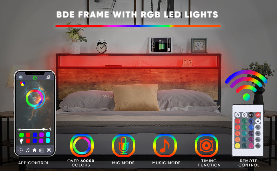 Wooden bed frame with integrated RGB LED lights and app control for bedroom ambiance