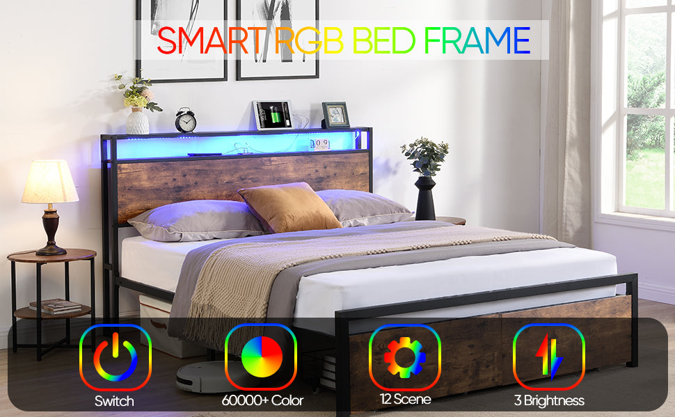Rustic wood and metal smart bed frame with RGB headboard lighting