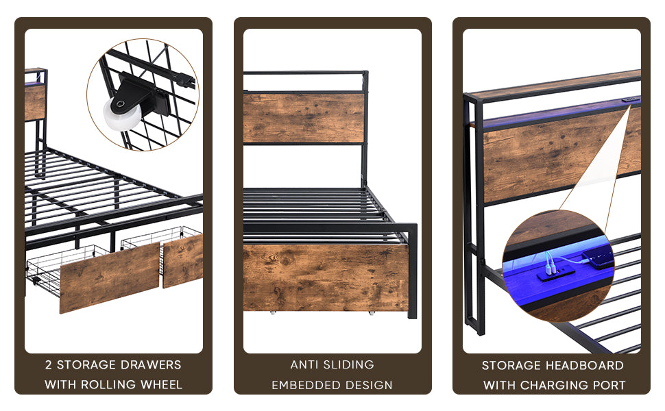 Metal bed frame with two rolling storage drawers and woodlook headboard