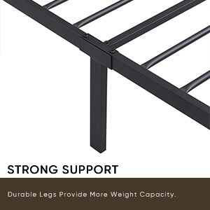 Black metal bed frame with strong support legs for durable mattress support