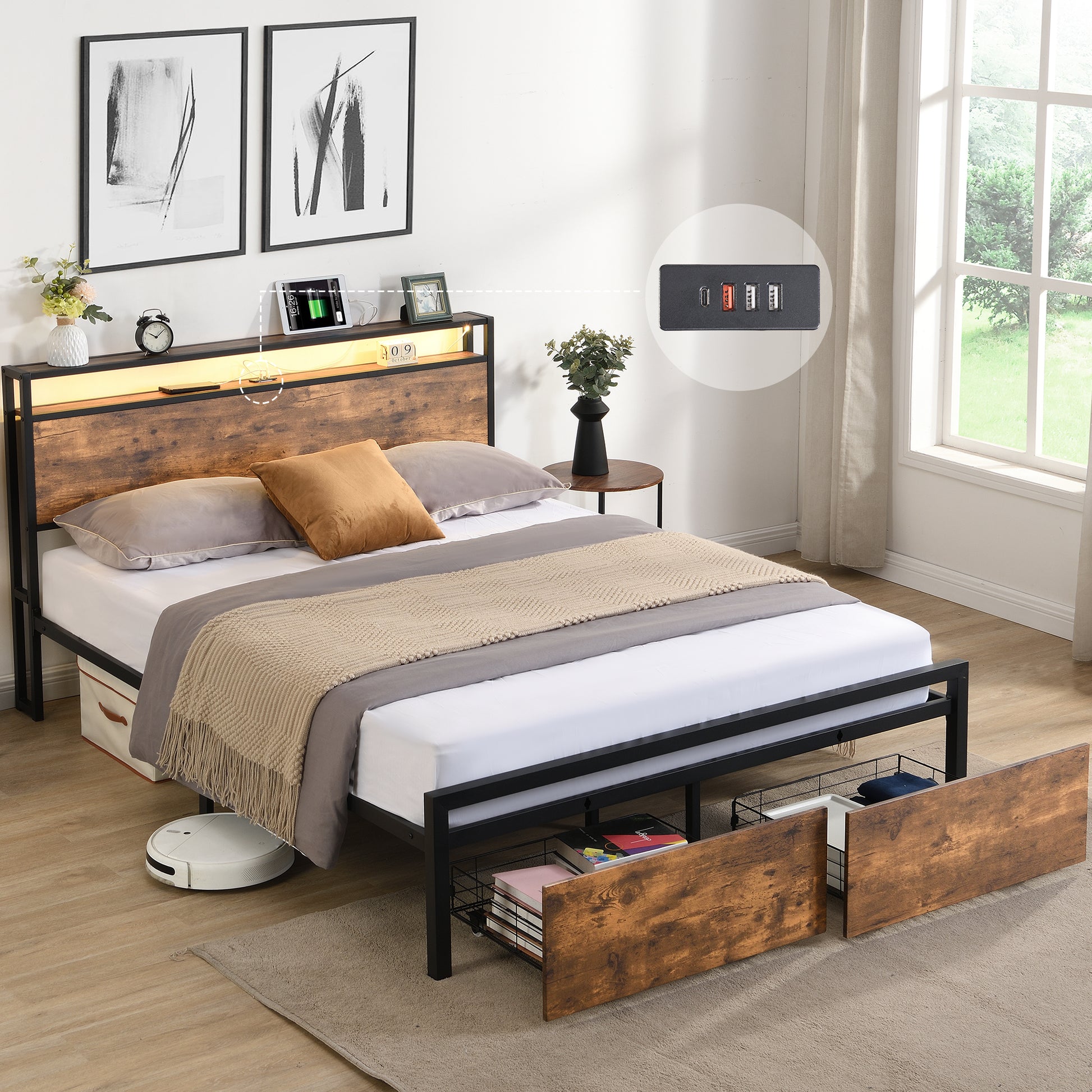 Rustic wood and black metal queen bed frame with builtin USB ports and storage drawers