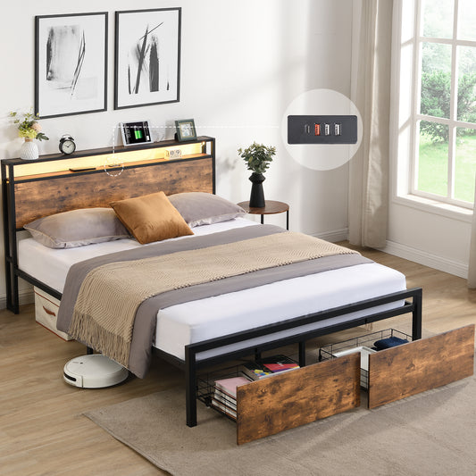 Rustic wood and black metal queen bed frame with builtin USB ports and storage drawers