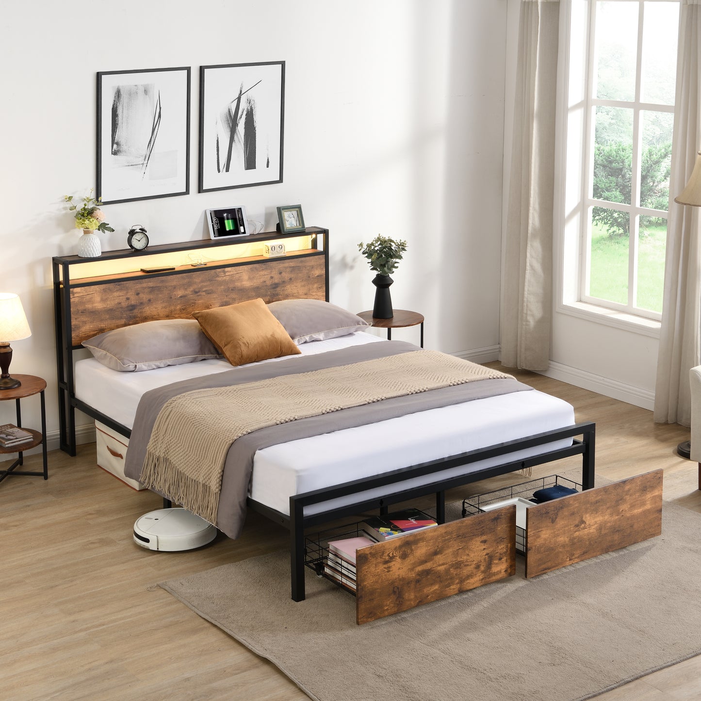 Wooden headboard bed frame with builtin lighting and storage drawers