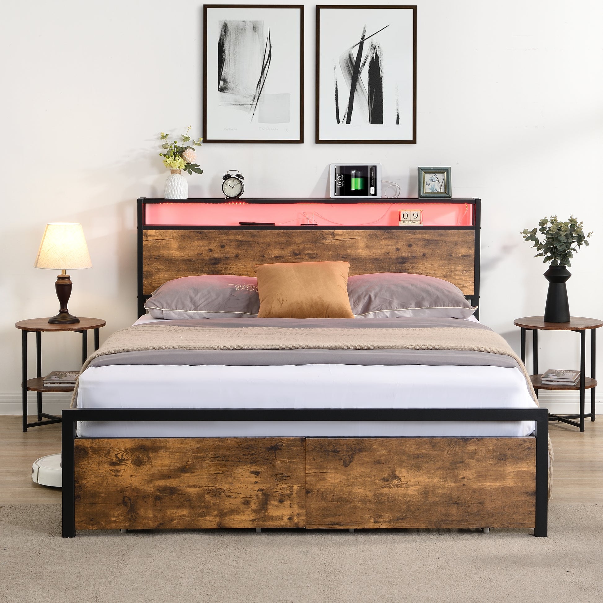 Rustic wood and black metal queen bed frame with LED headboard