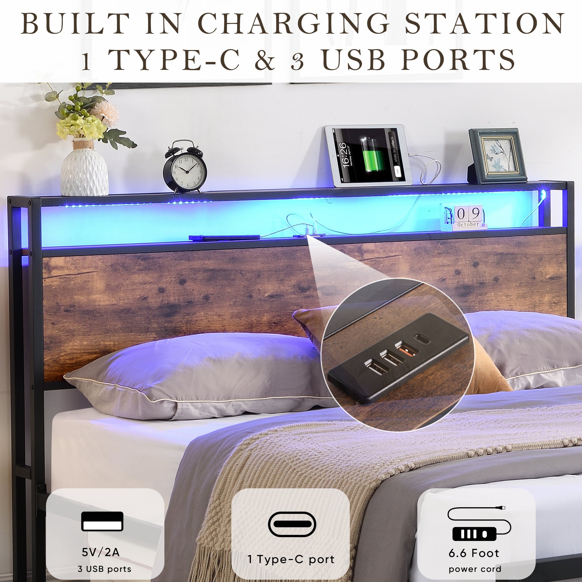 Rustic brown wood headboard with blue LED lights and builtin charging station