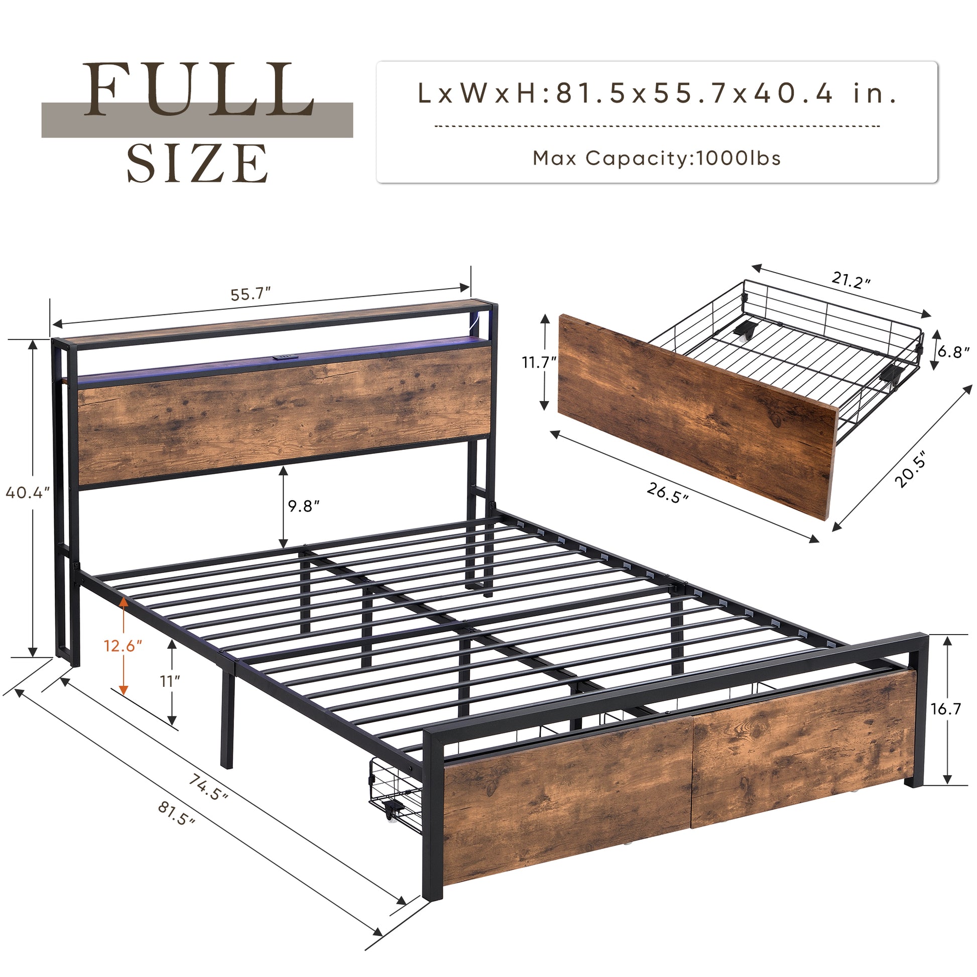 Full size industrial bed frame with rustic wood headboard and footboard